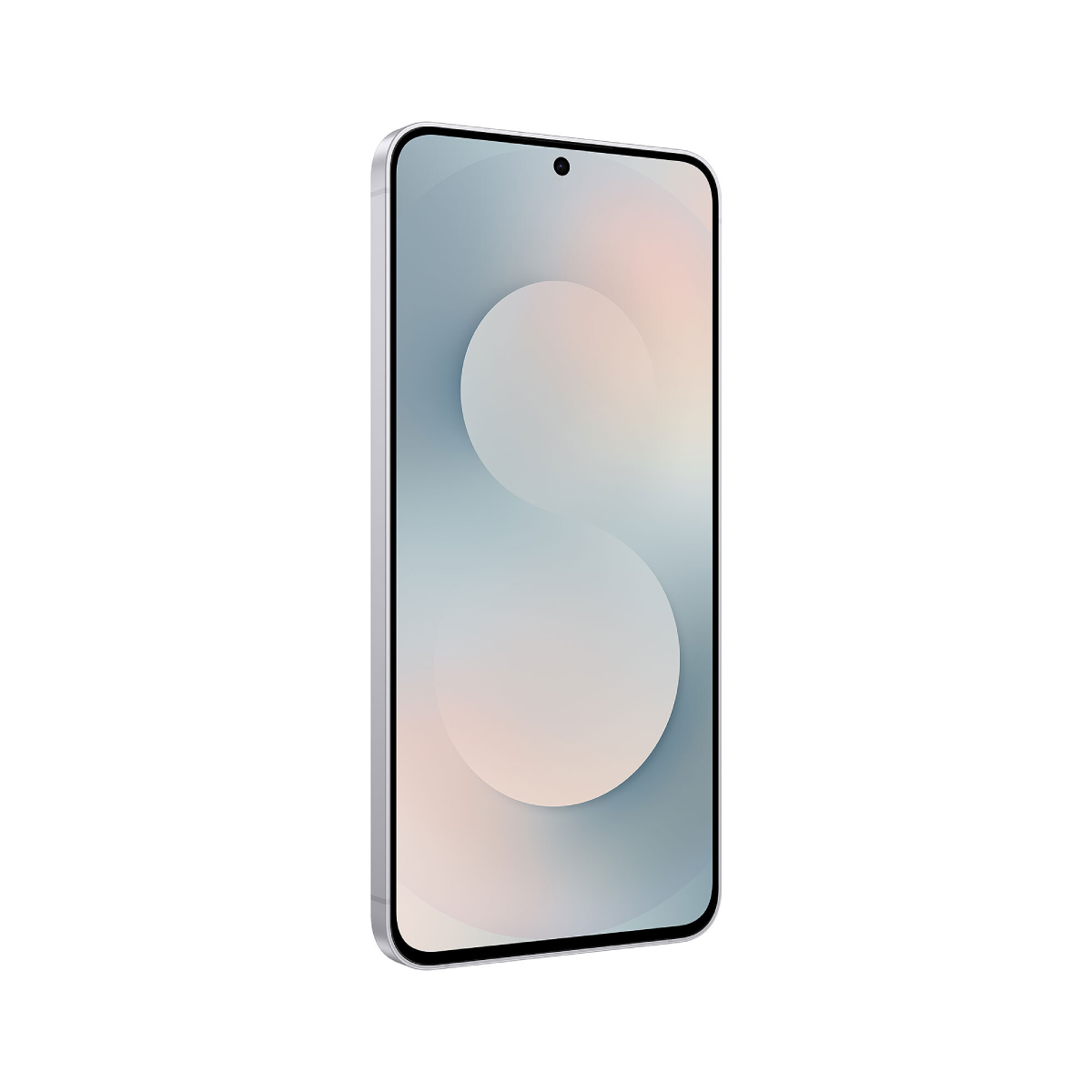 Srebrny smartfon pochylony w prawo. Ekran wyświetla rozmyty, pastelowy gradient. Tło jest białe.