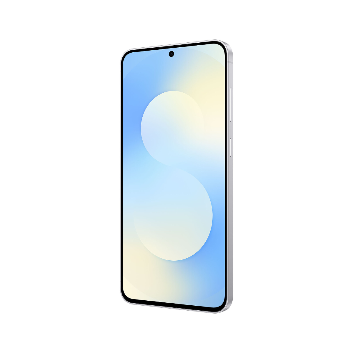 Srebrny smartfon z gradientowym niebiesko-żółtym ekranem, czarną obwódką i aparatem. Tło jest białe.