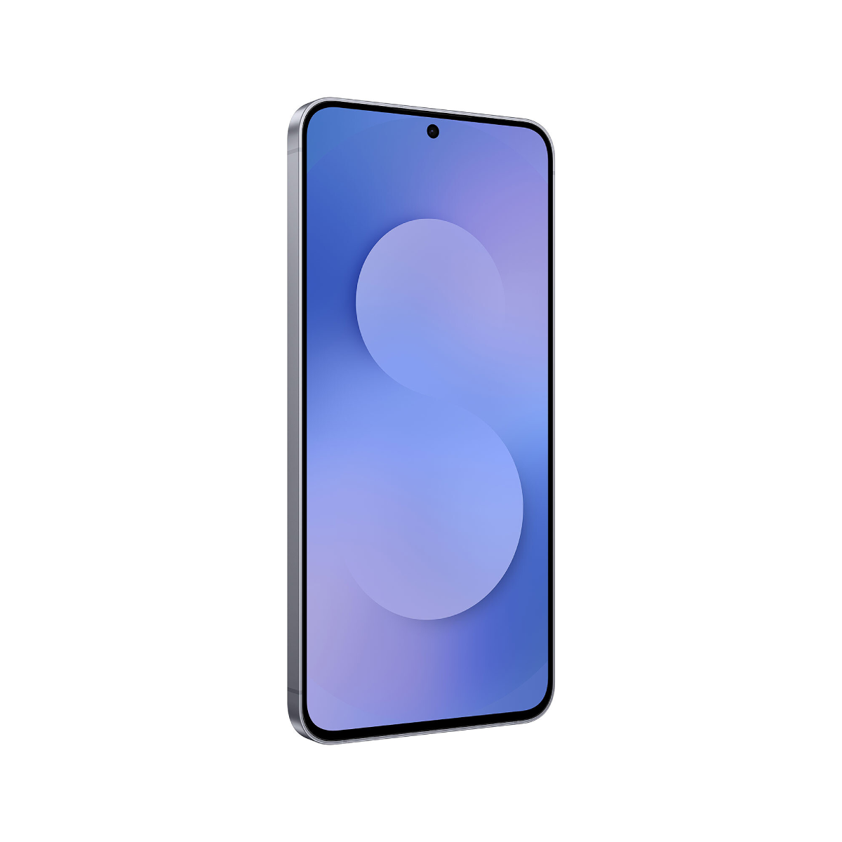 Srebrny smartfon z niebieskim gradientem na ekranie, wyświetlający biały okrąg. Telefon jest lekko pochylony, tło białe.