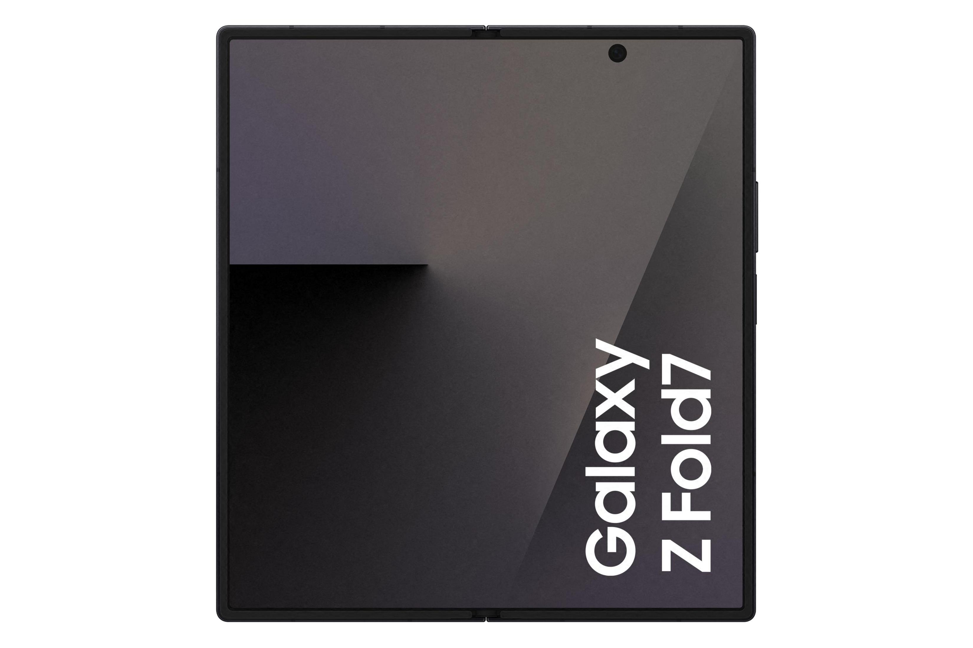 Ein gefaltetes schwarzes Smartphone mit dem weißen Text Galaxy Z Fold7. Der Bildschirm ist dunkelgrau.
