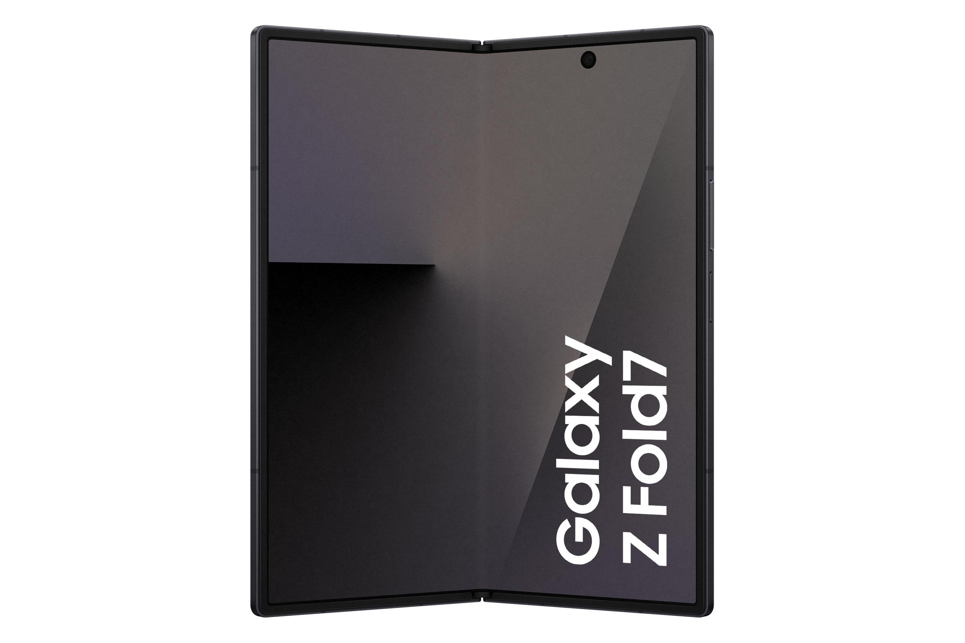 Ein schwarzes Samsung Galaxy Z Fold7-Handy, teilweise geöffnet, mit dem Text 'Galaxy Z Fold7' auf dem Bildschirm.