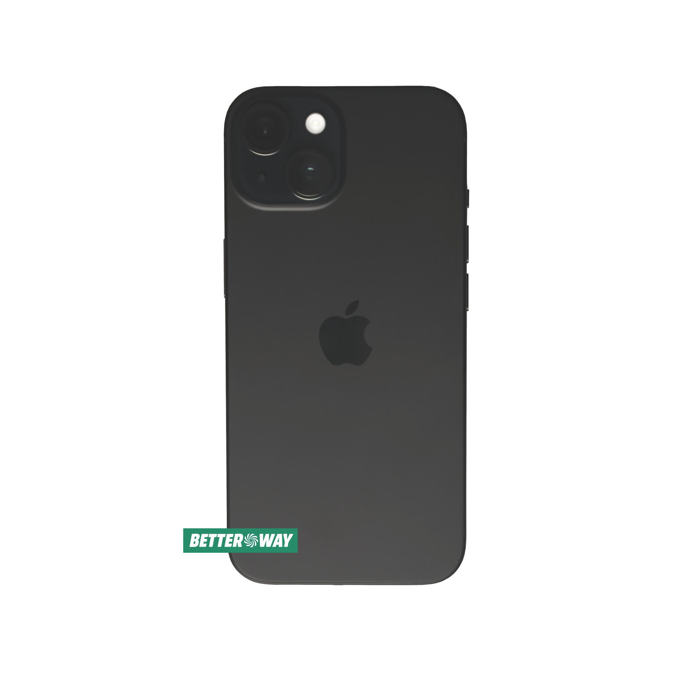 iPhone nero con fotocamera, logo Apple e logo Better Way su sfondo bianco.
