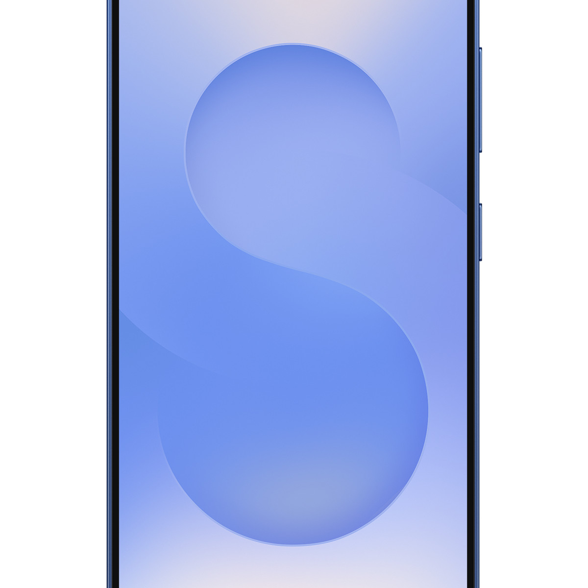 Uno schermo blu di smartphone che mostra una grande forma bianca curva. Il telefono ha una cornice blu con pulsanti.