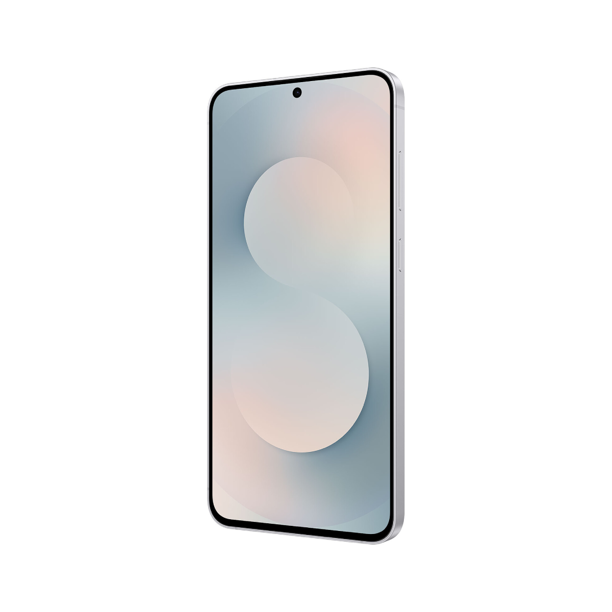 Smartfon ze srebrną ramką i wyświetlaczem pokazującym gradient kolorów, w tym biały, niebieski i różowy, na białym tle.