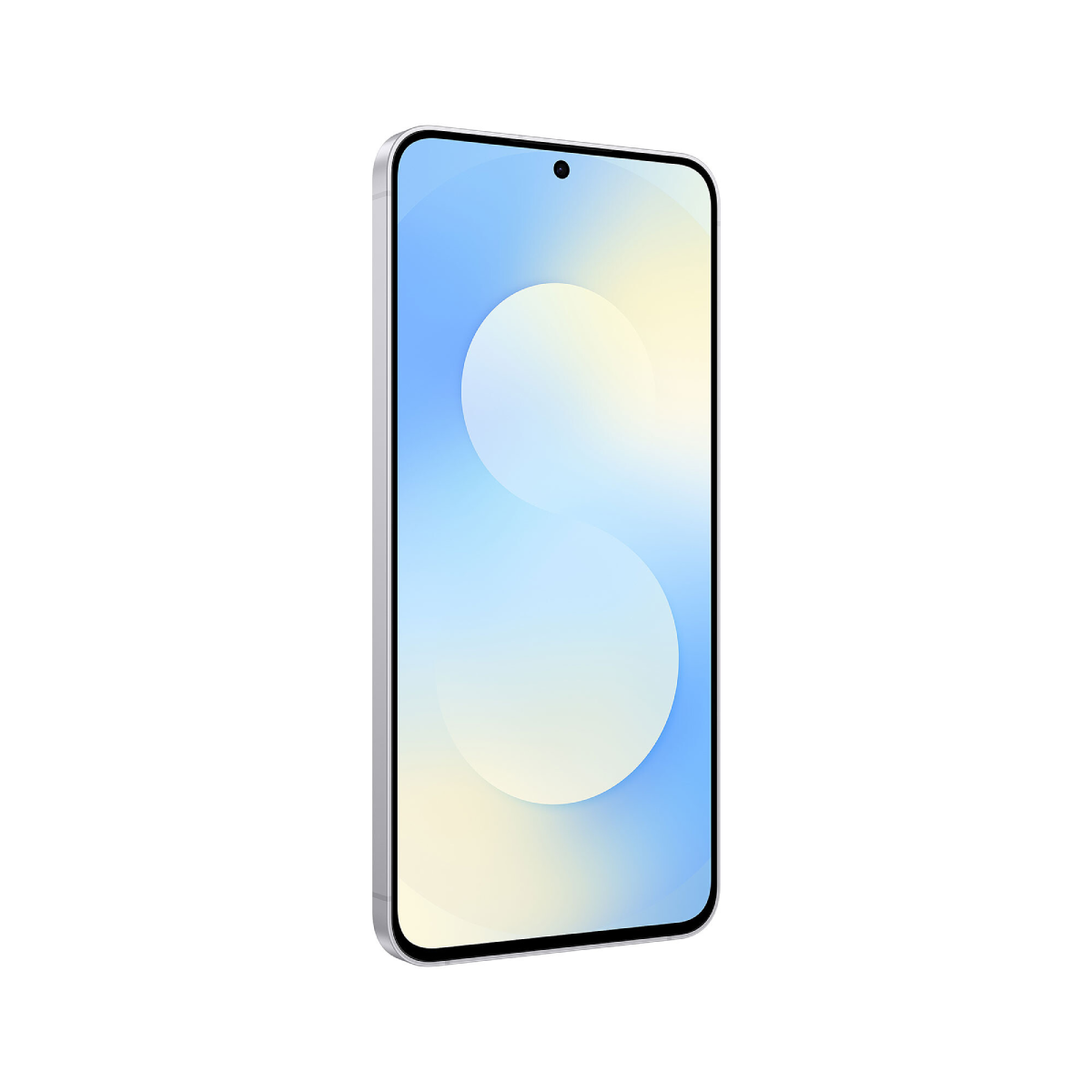 Srebrny smartfon wyświetlany pod kątem. Ekran pokazuje niebiesko-żółty gradient z białym okręgiem.