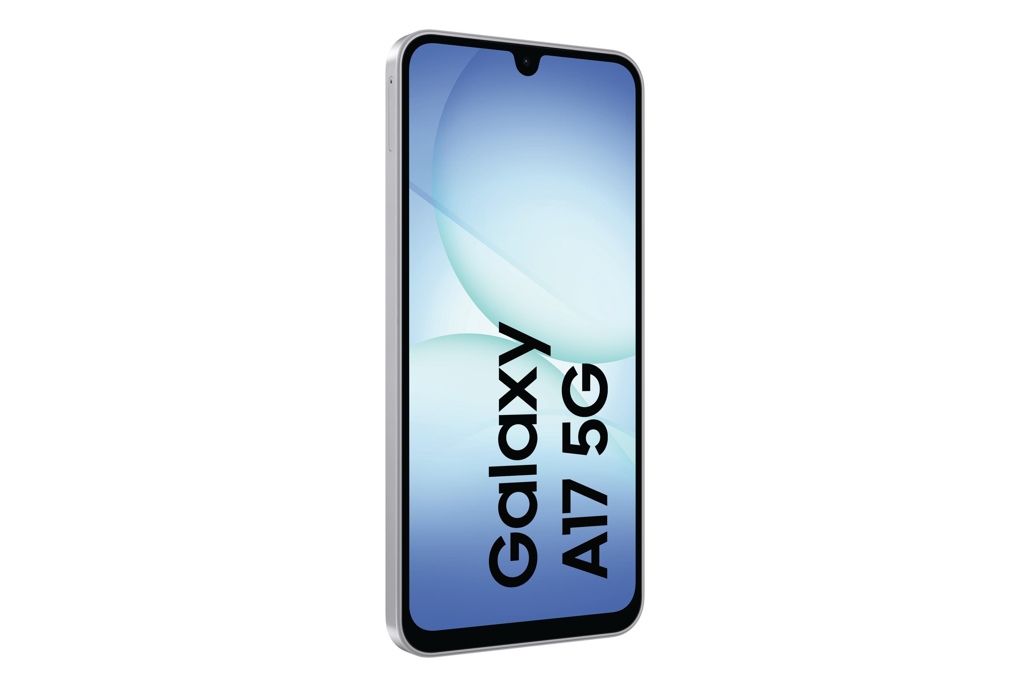 Wyświetlany jest smartfon Samsung Galaxy A17 5G. Ekran pokazuje niebieski gradient z białymi akcentami.