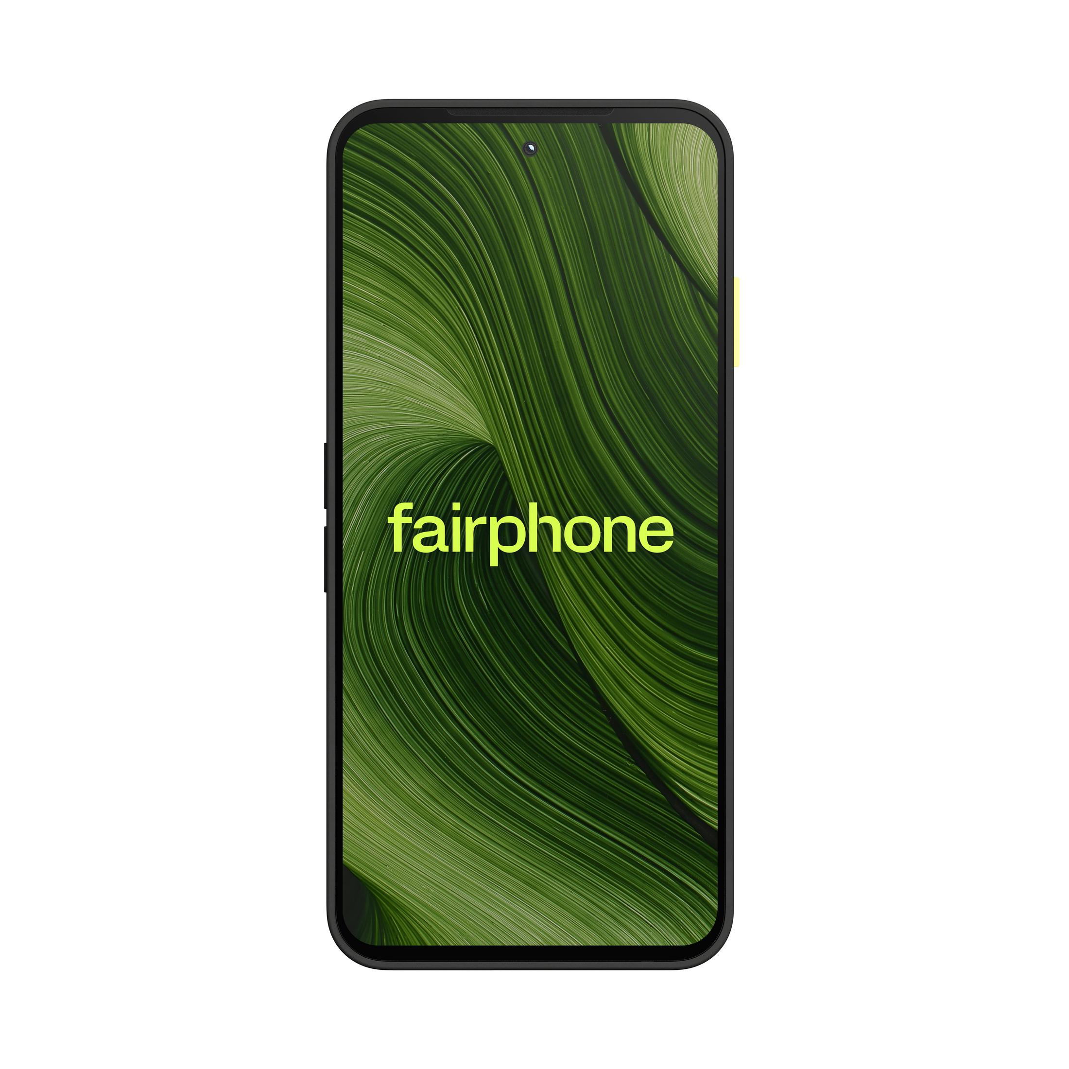 Smartfon Fairphone na białym tle. Zielone abstrakcyjne tło na ekranie. Żółte akcenty. Czarna ramka. Marka: fairphone.
