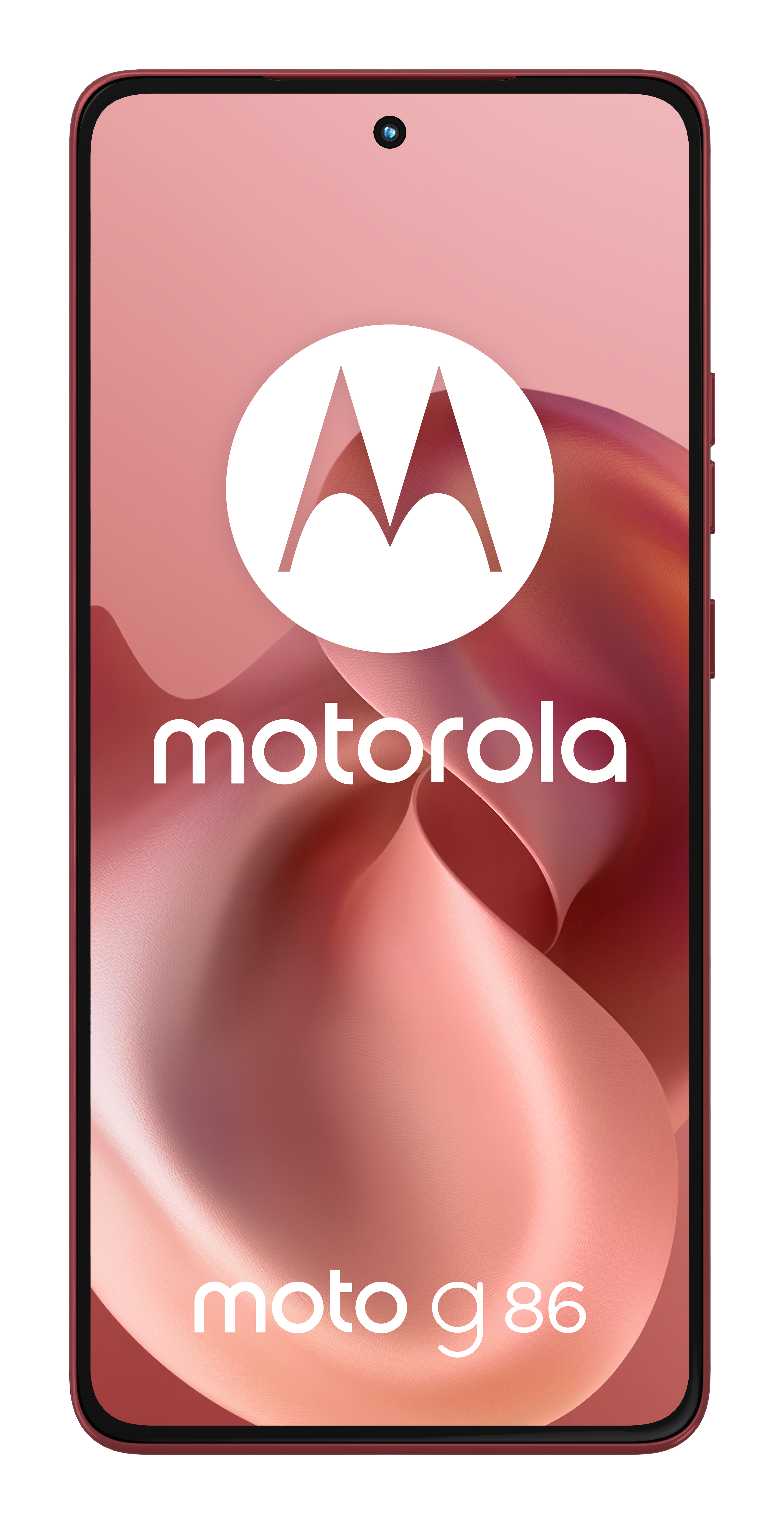 Smartfon Motorola Moto g86. Różowy ekran wyświetla logo Motorola i model telefonu. Czerwona ramka otacza ekran.