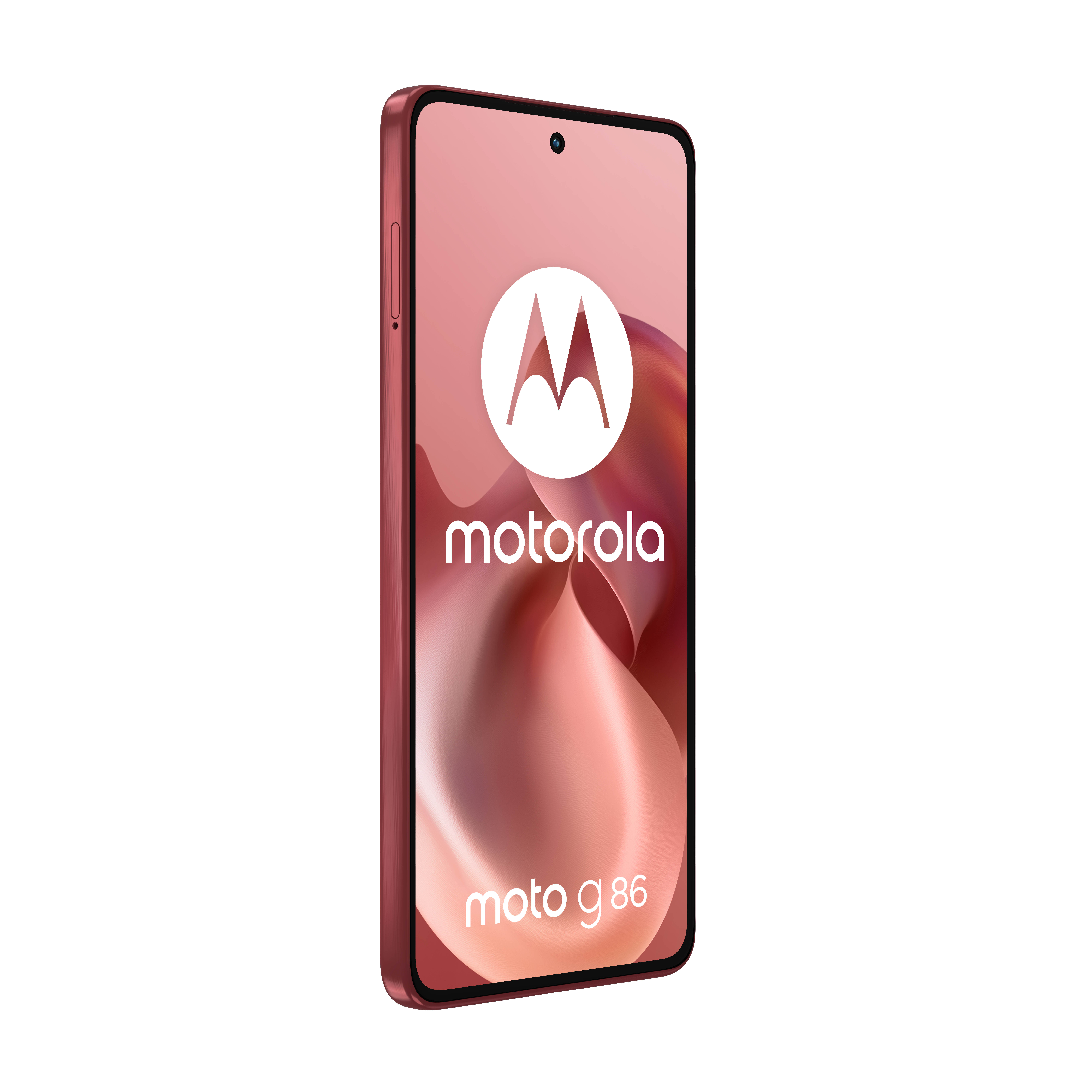 Bordowy telefon Motorola Moto G86. Ekran wyświetla logo Motoroli i napis moto g86 na białym tle.
