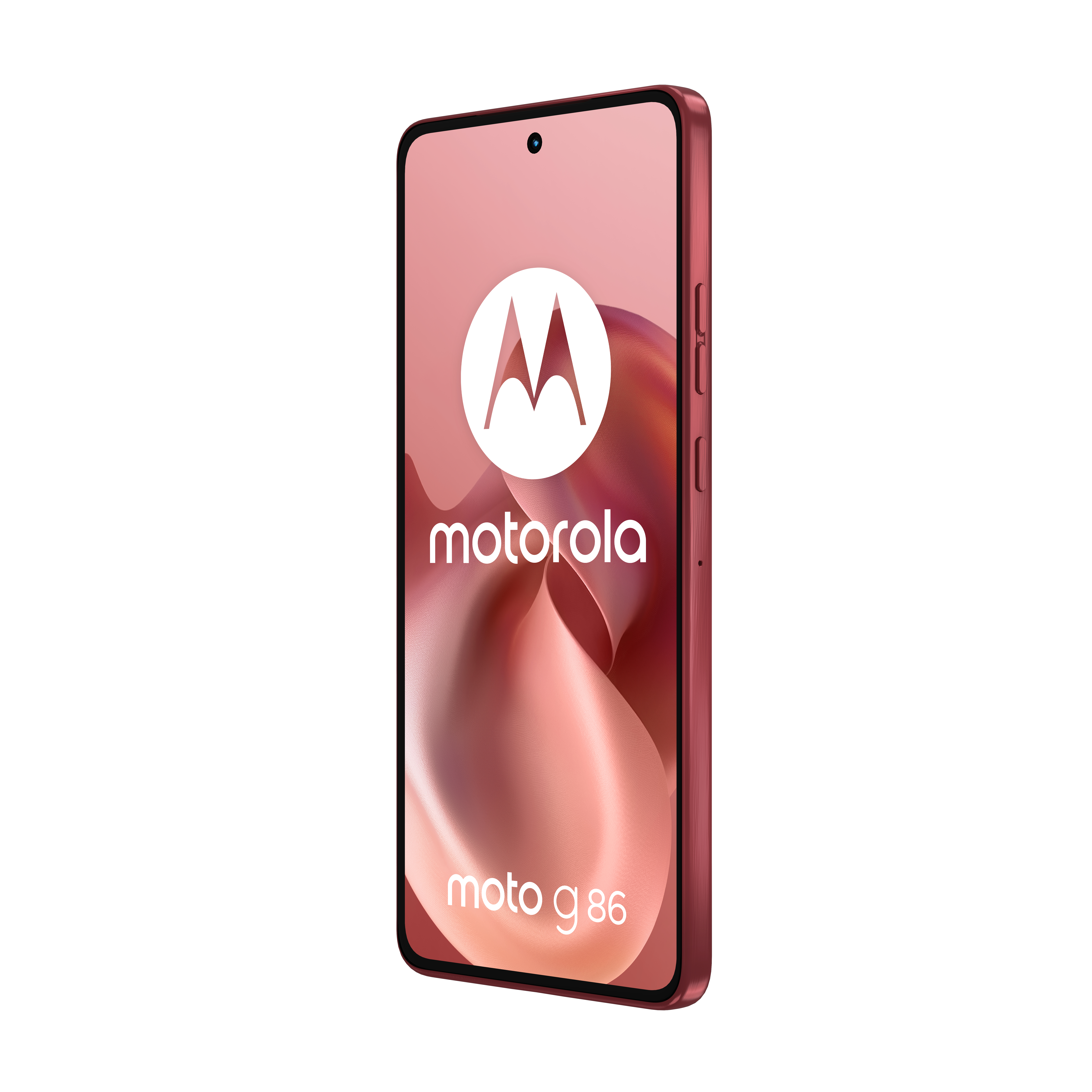 Czerwony smartfon Motorola Moto g86. Ekran wyświetla logo Motorola i napisy 'moto g86'.