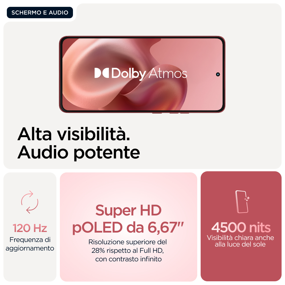 Ekran smartfona wyświetla Dolby Atmos. Podkreśla wysoką widoczność i potężny dźwięk, a także funkcje, takie jak częstotliwość odświeżania 120 Hz.