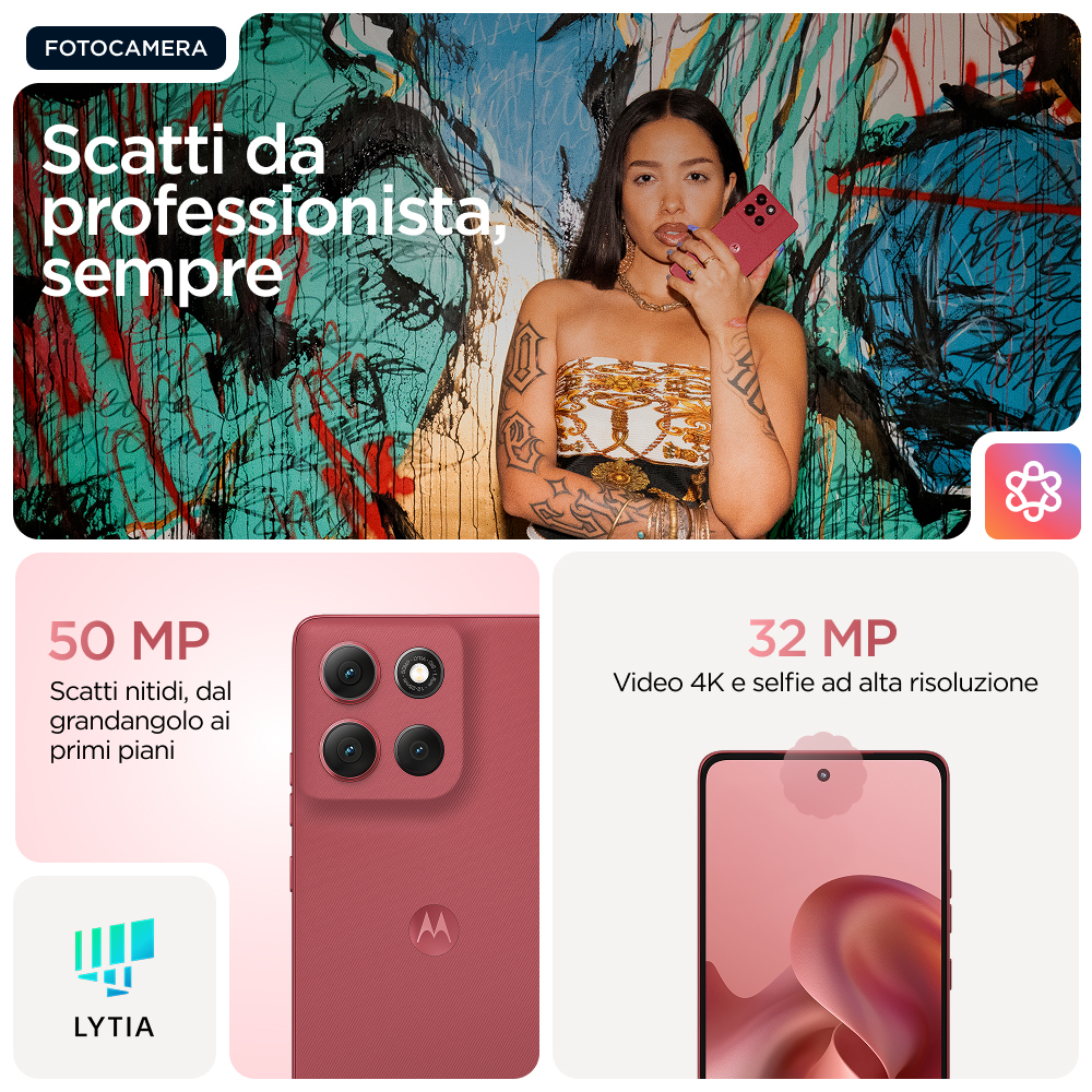 Kobieta trzyma czerwony telefon. Obrazek pokazuje tył i ekran telefonu oraz tekst promocyjny.