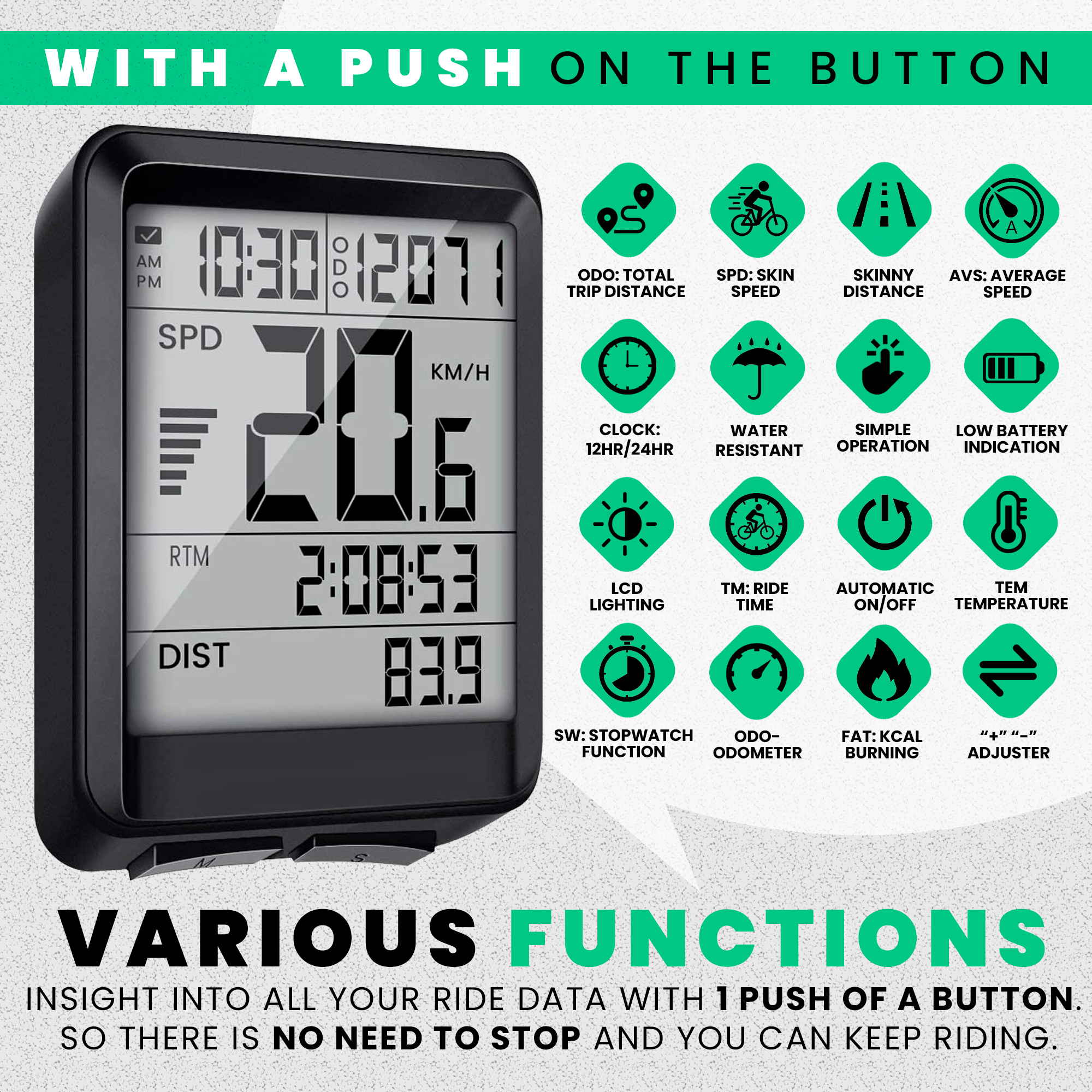 Black bike computer displaying time, speed, and other metrics, with icons for various functions.
