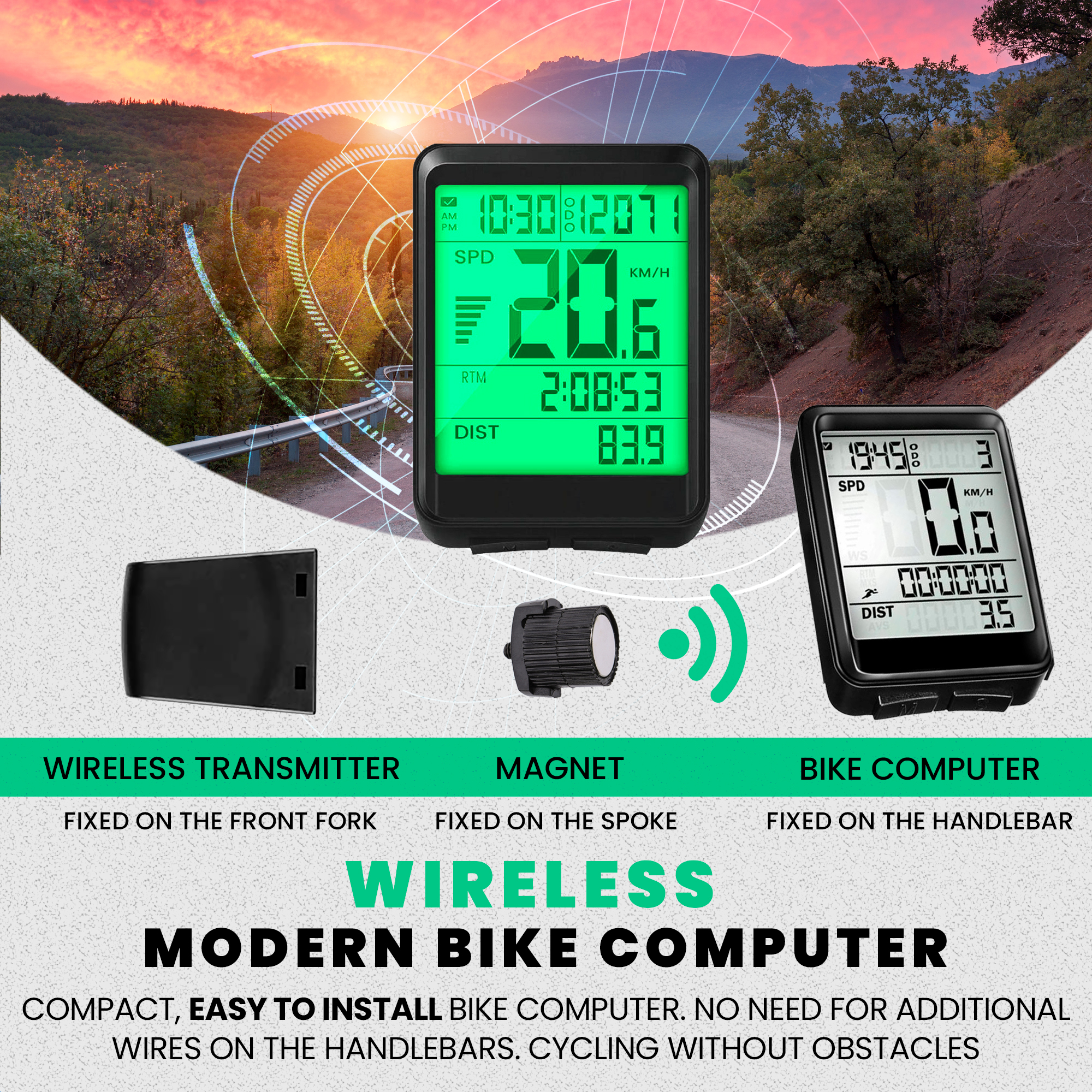 A modern bike computer with a green display, showing speed and distance. Accessories include a transmitter, magnet, and computer.