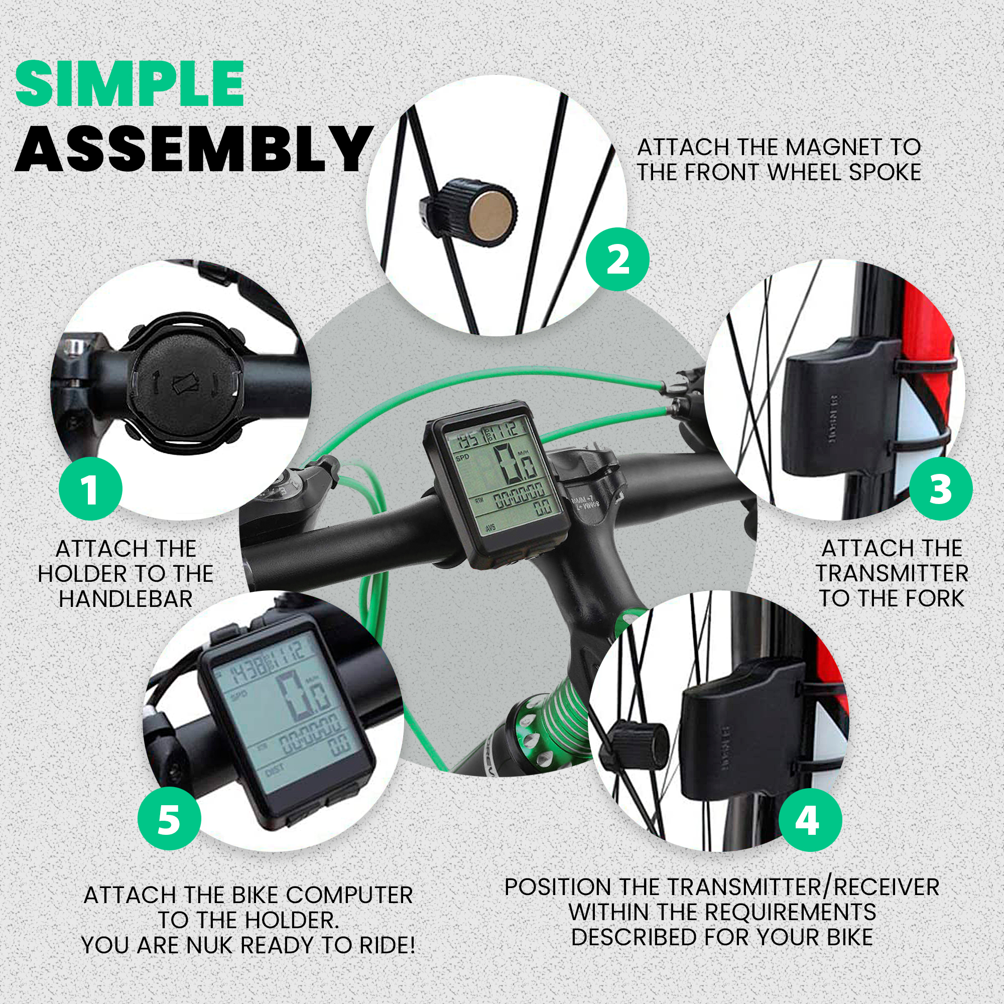 Assembly guide shows attaching bike computer components: holder, magnet, transmitter, and receiver. Instructions are numbered.