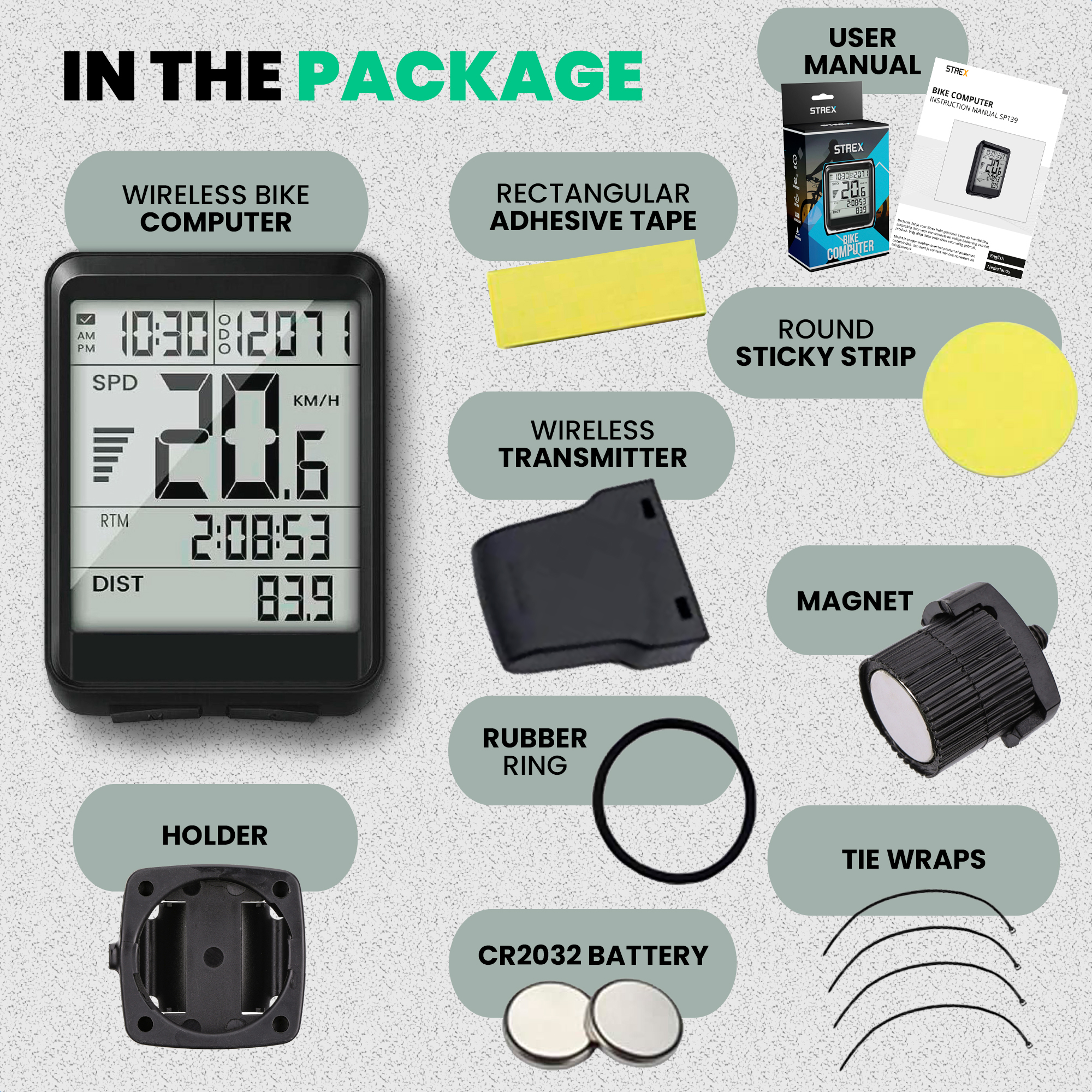 Image shows bike computer kit contents: computer, tape, transmitter, ring, holder, battery, manual, sticky strip, magnet, and tie wraps.