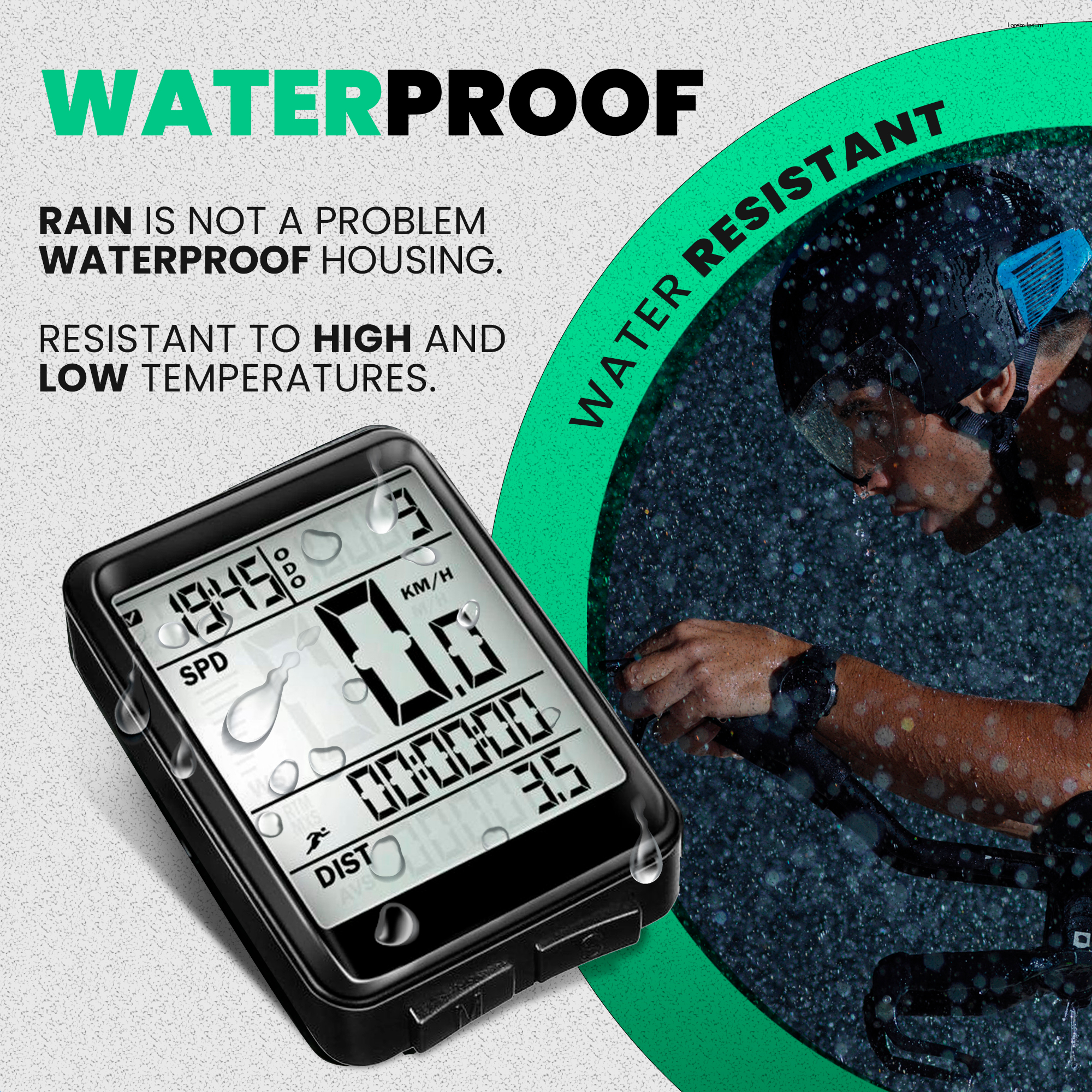 A black bicycle computer shows speed and distance. A cyclist in the rain is in the background. The text reads waterproof.