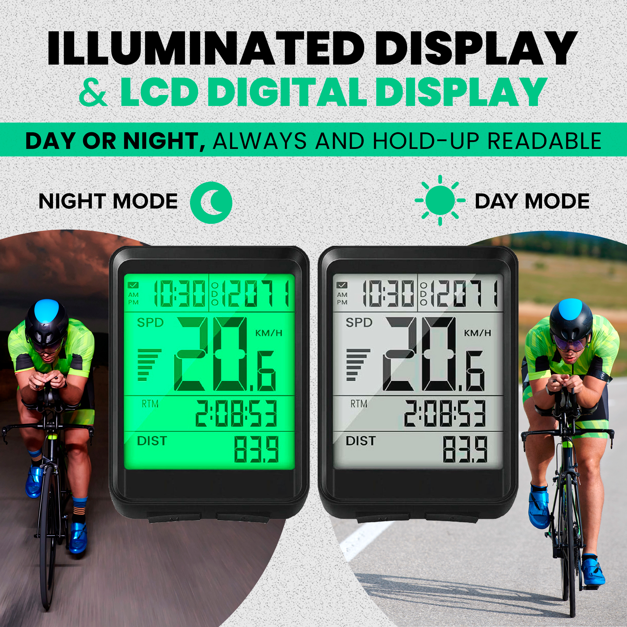 Image shows two bike computers, one green lit, one white. Cyclists are riding bikes. Text indicates day/night modes.