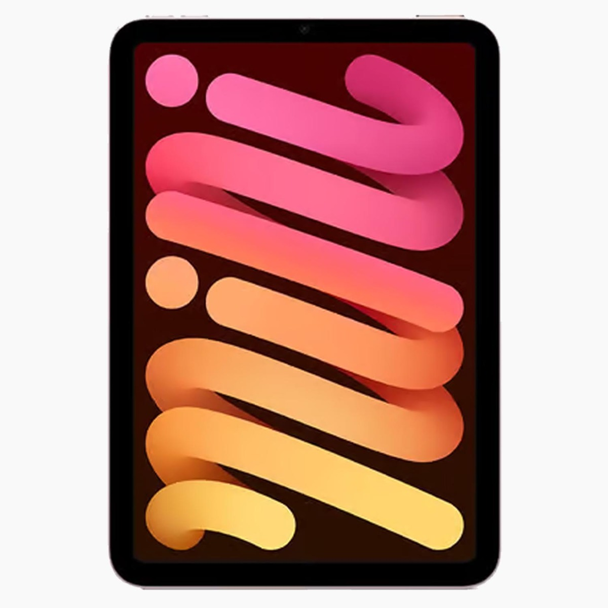 Een tablet met een zwarte rand, het scherm toont een kleurverloop van roze, oranje en geel, met twee cirkels bovenaan.