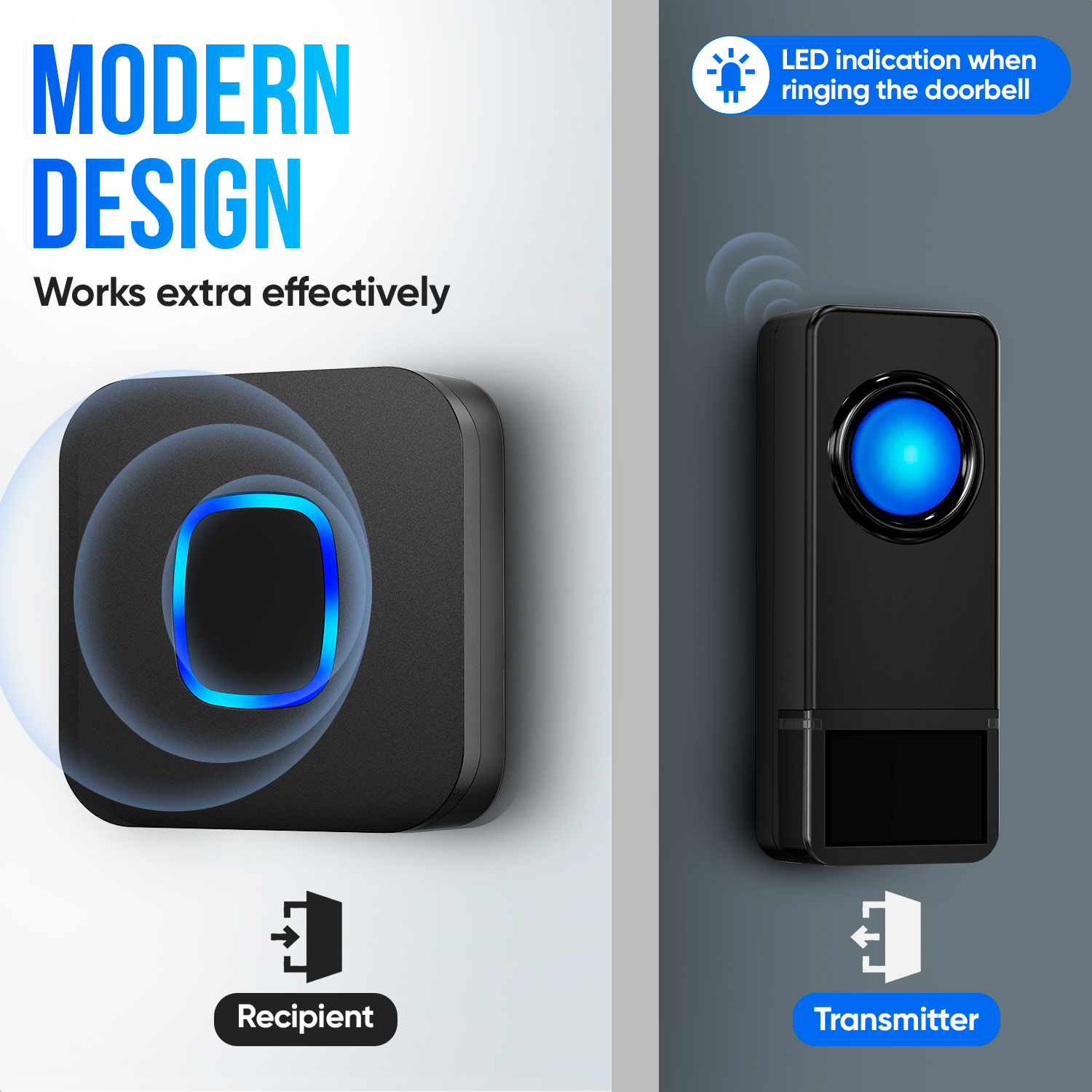 Een modern deurbelontwerp. Links de ontvanger, een vierkant apparaat. Rechts de zender, een rechthoekig apparaat met blauw licht.