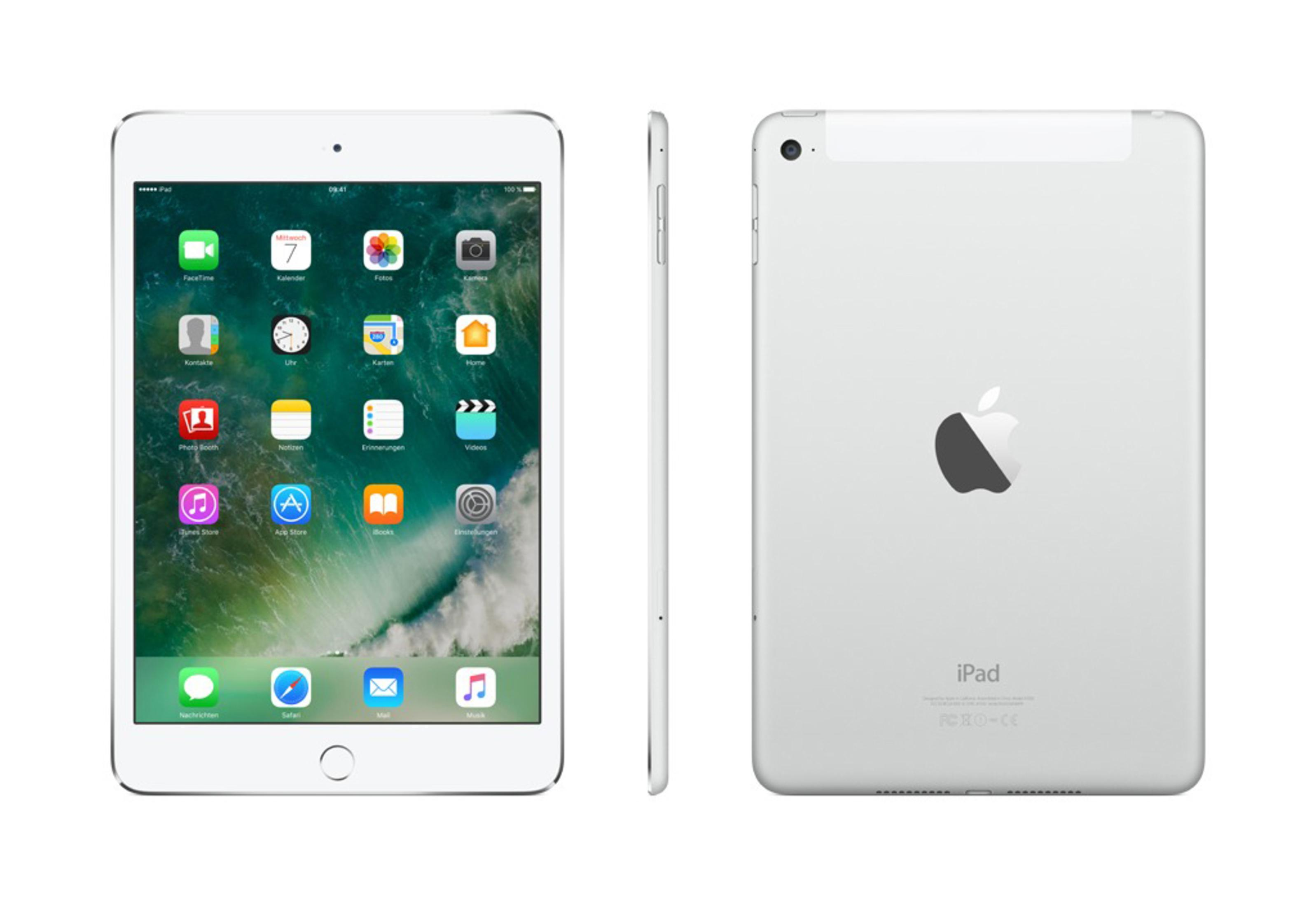Ein iPad zeigt seinen Bildschirm mit App-Symbolen. Die Rückseite zeigt Apple-Logo und iPad-Text. Seitenansicht zeigt die Dicke.