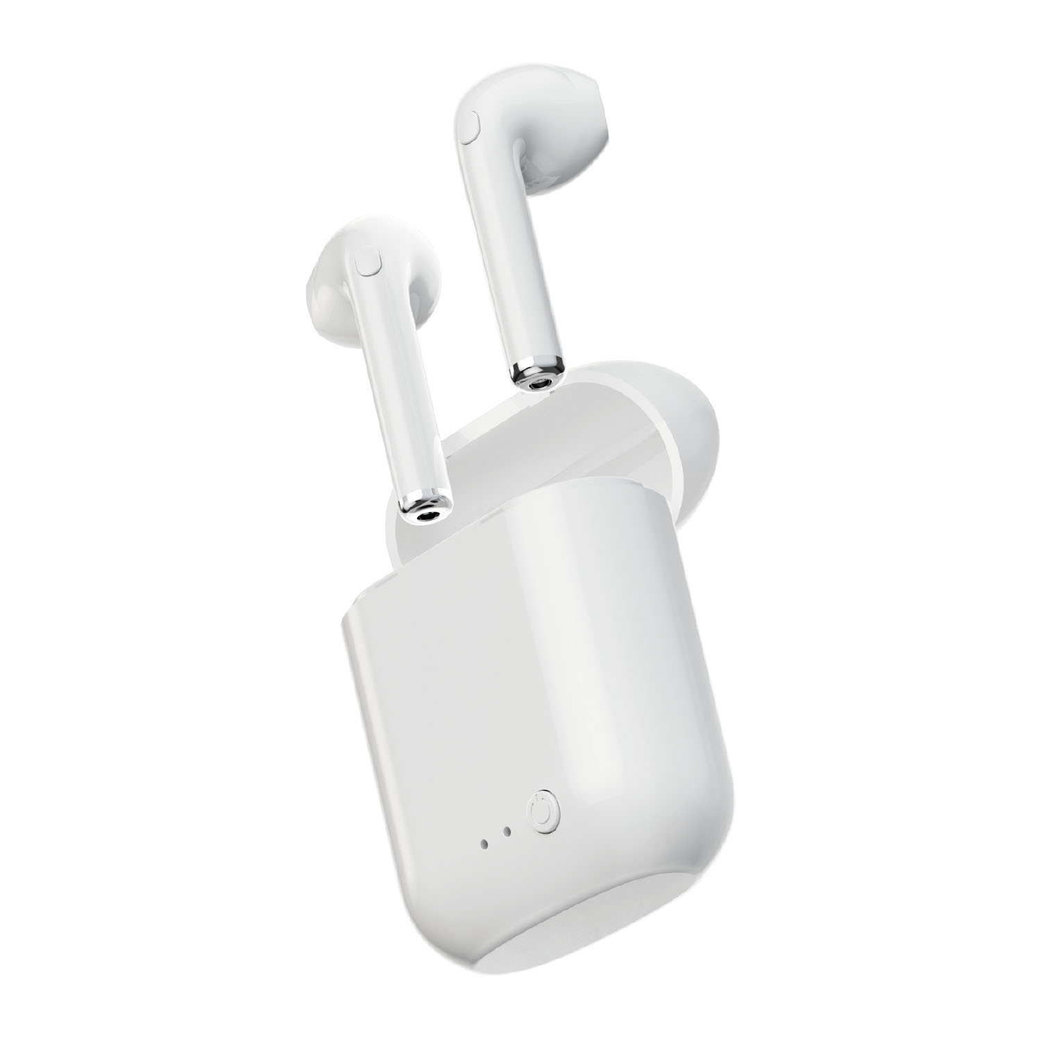 Auricolari wireless bianchi e custodia di ricarica su sfondo bianco. Un auricolare è nella custodia, due fuori.