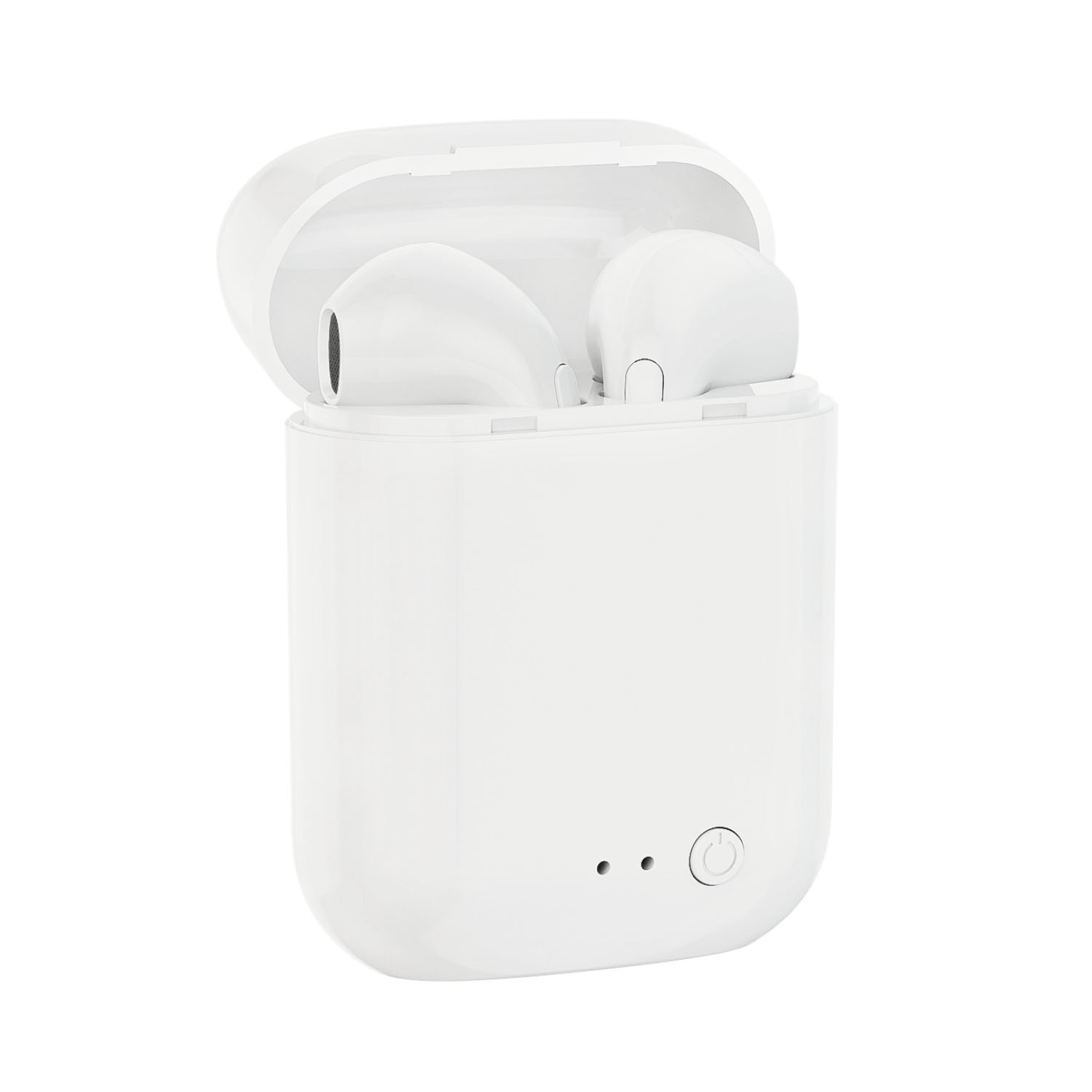 Auricolari wireless bianchi in una custodia di ricarica aperta. La custodia è aperta, rivelando due auricolari. Indicatori di alimentazione e connettività visibili.