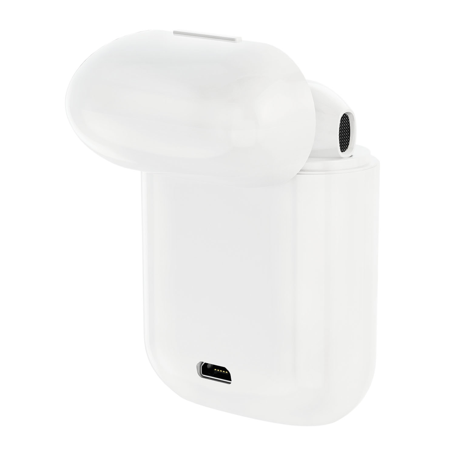 Custodia di ricarica bianca con coperchio aperto e auricolare all'interno. Porta micro USB in basso. Sfondo bianco.