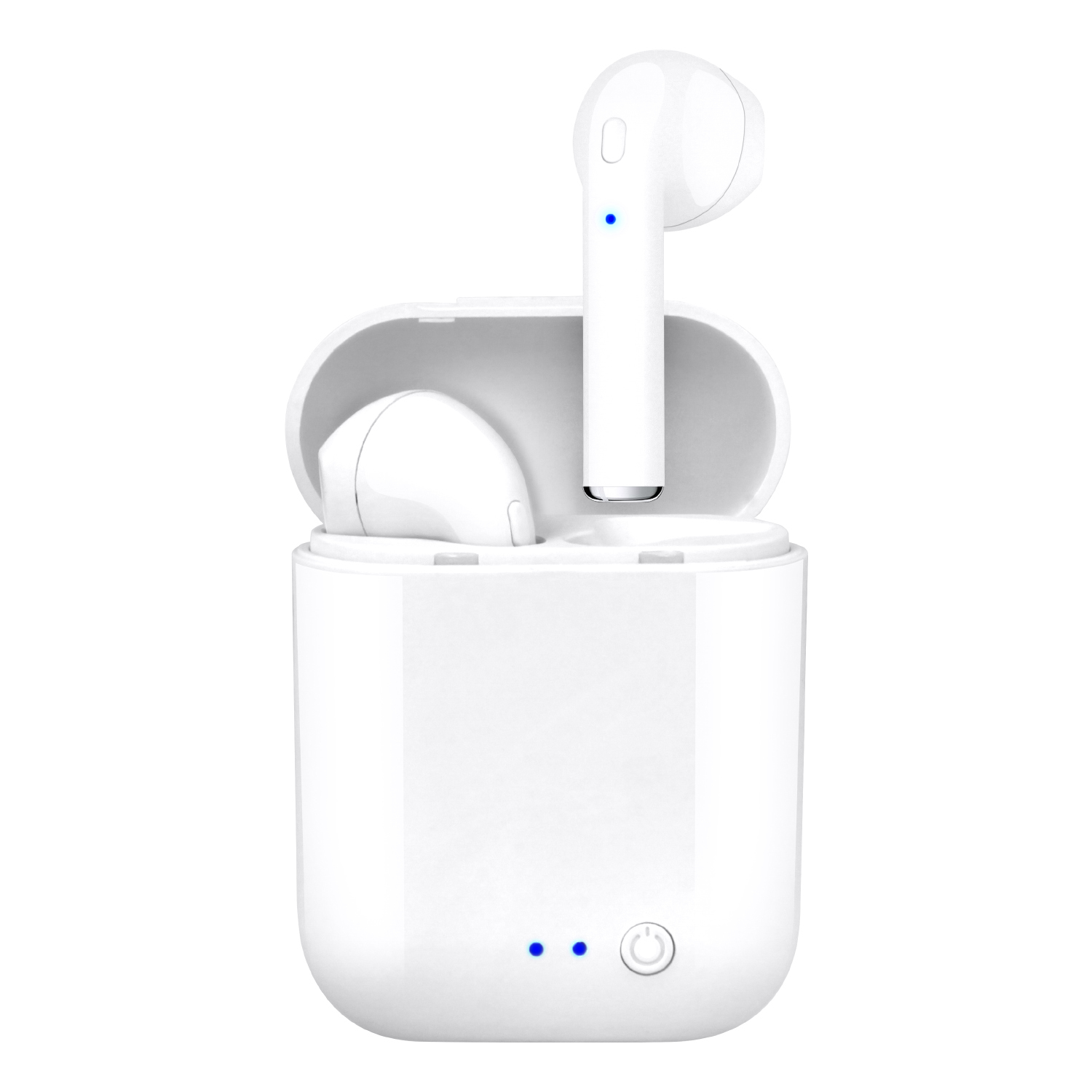Auricolari wireless bianchi in custodia di ricarica. Un auricolare è fuori dalla custodia. Luci blu e pulsante di accensione visibili.