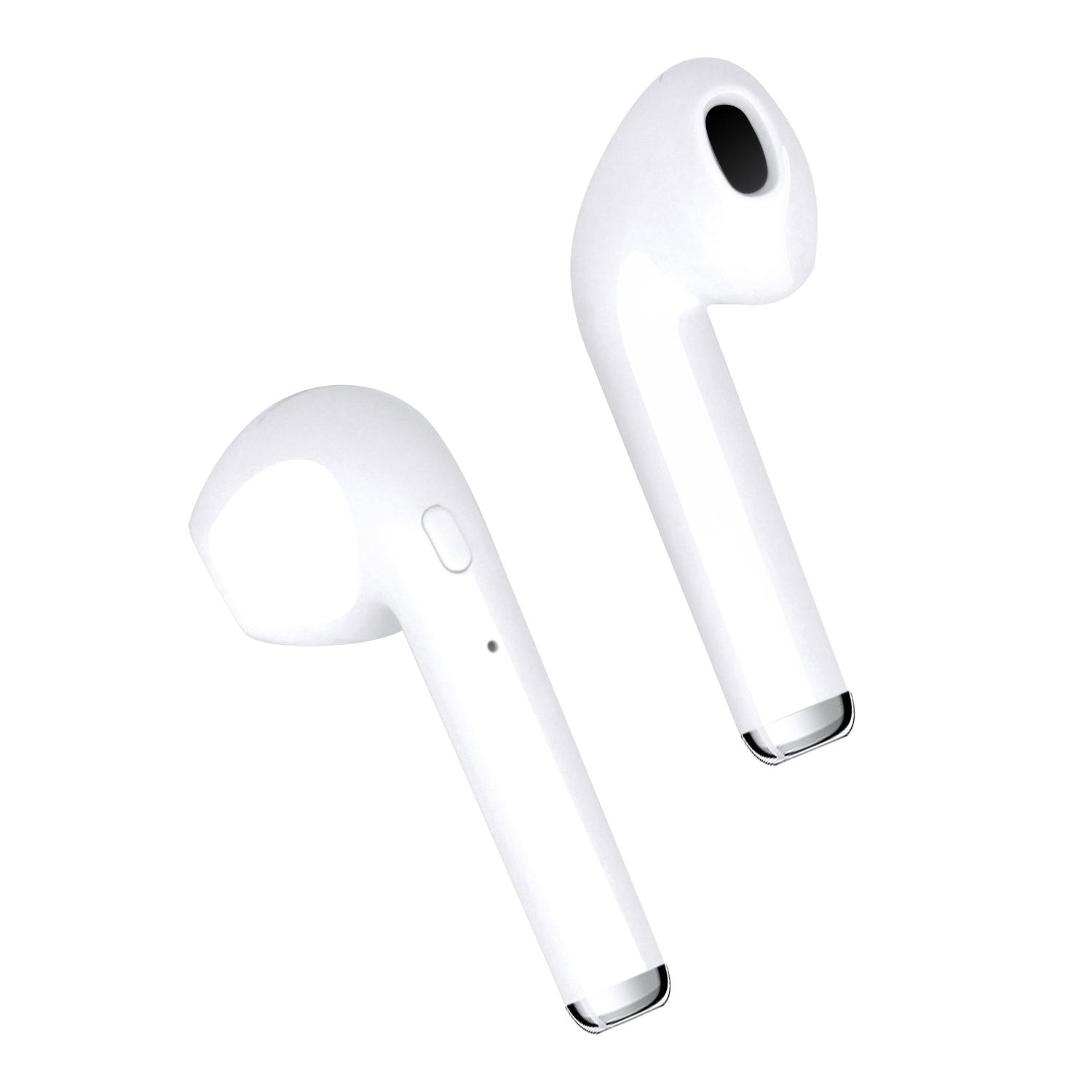 Due auricolari wireless bianchi su sfondo bianco. Ogni auricolare ha uno stelo. Uno ha un buco nero, entrambi hanno fondi argentati.