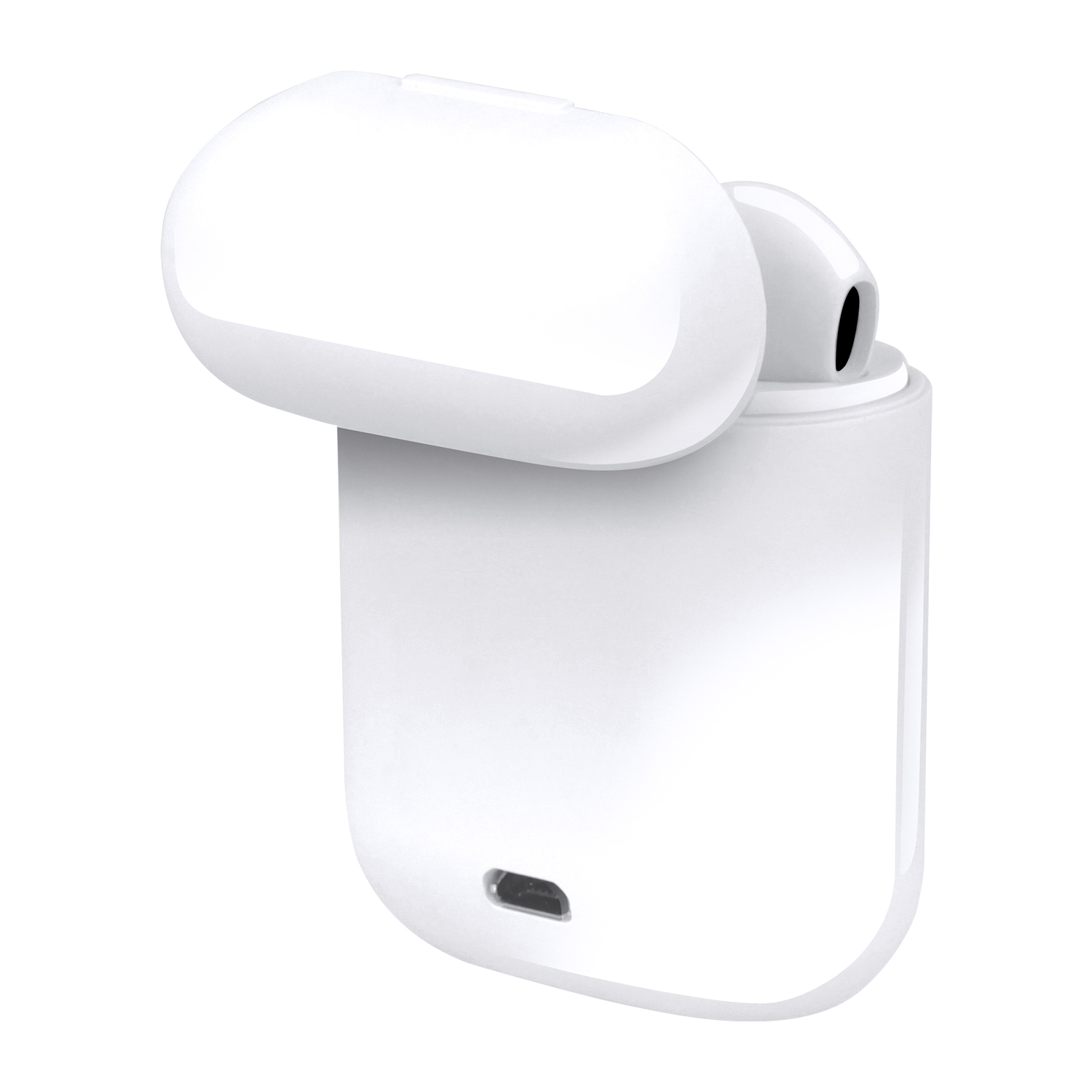Auricolari bianchi in una custodia di ricarica, la custodia aperta. Auricolare all'interno della custodia e porta di ricarica in basso. Isolato su sfondo bianco.