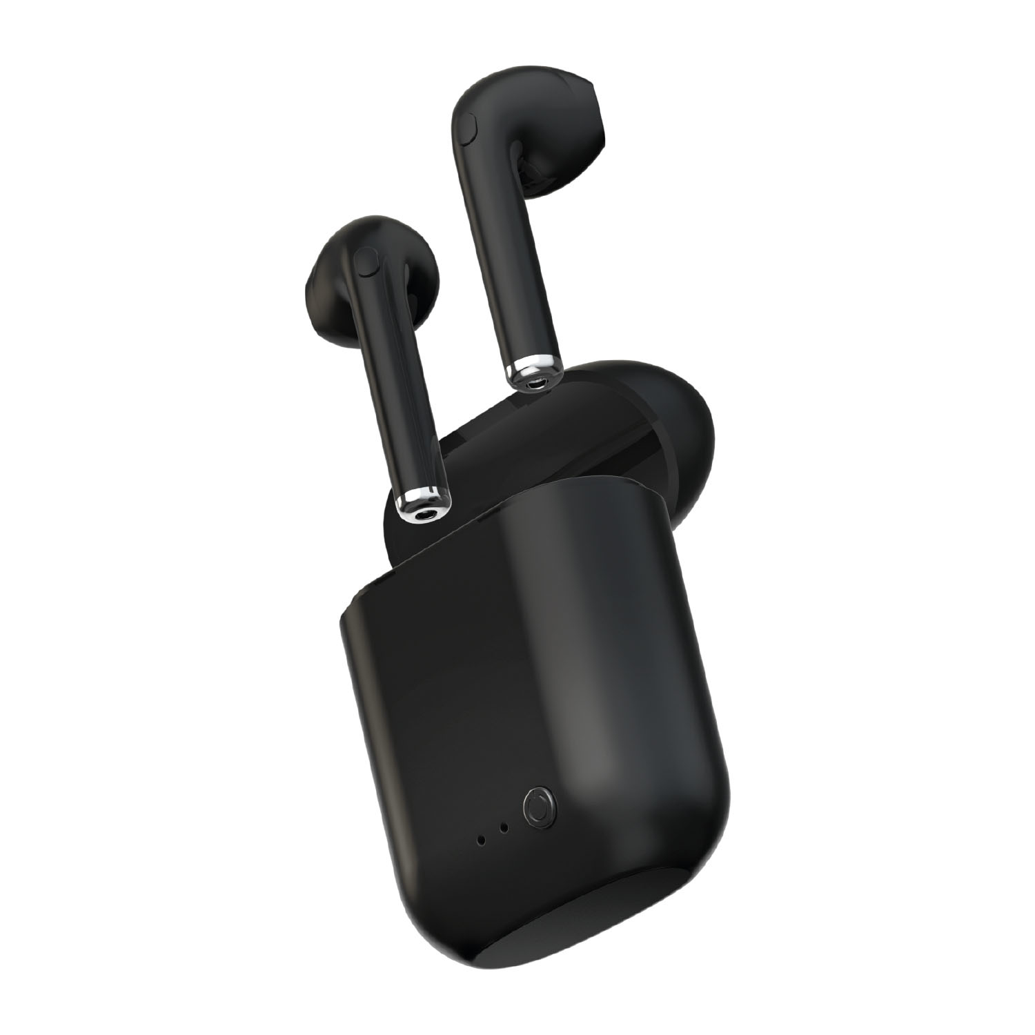 Auricolari wireless neri con custodia di ricarica. Due auricolari sono fuori dalla custodia. Sfondo bianco.