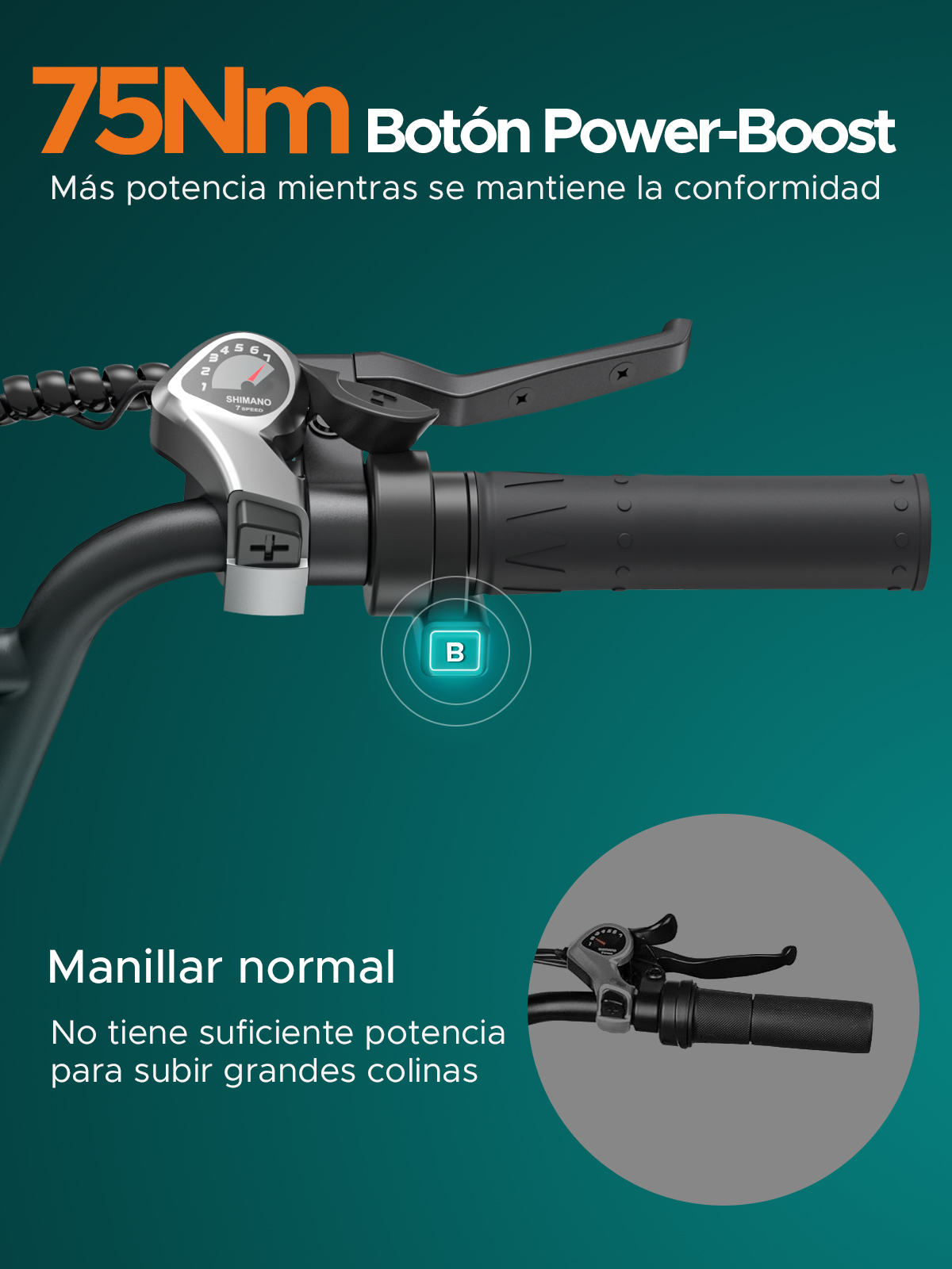 Primer plano del manillar de una bicicleta con botón de aumento de potencia e indicador de velocidad. Texto: '75Nm Botón Power-Boost' y 'Manillar normal'.