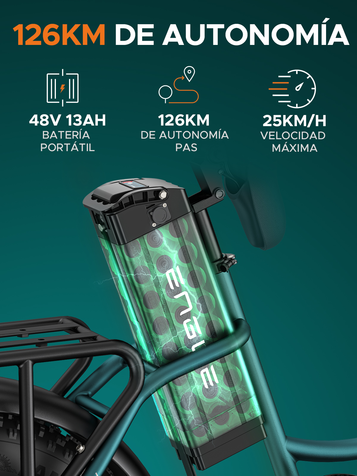 Una bicicleta eléctrica con especificaciones de batería y detalles de alcance. Se muestra información de batería, alcance y velocidad sobre un fondo verde azulado.