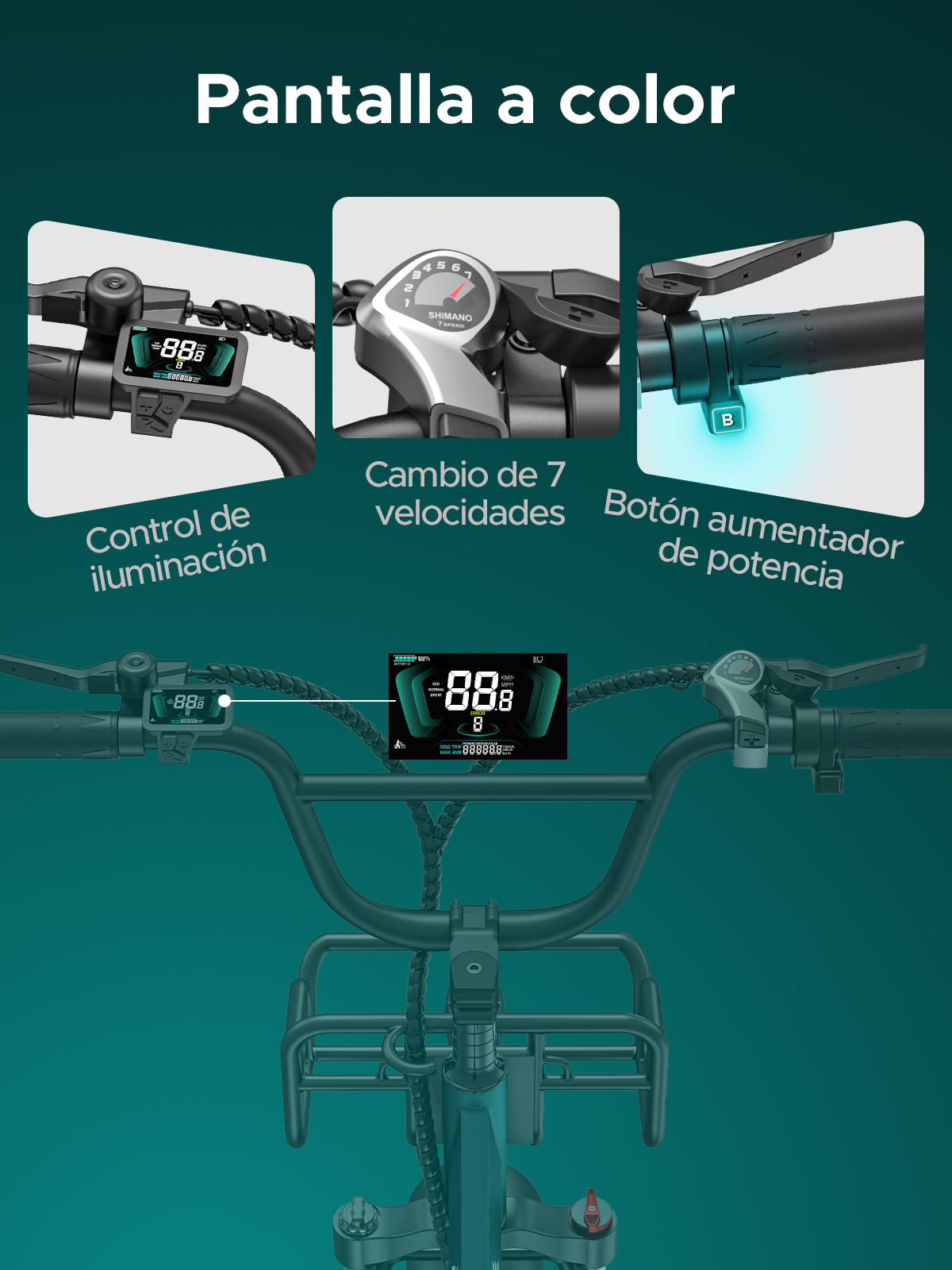 Primer plano del manillar de una bicicleta con una pantalla a color que muestra la velocidad y otros datos, y controles para luces y aumento de potencia.