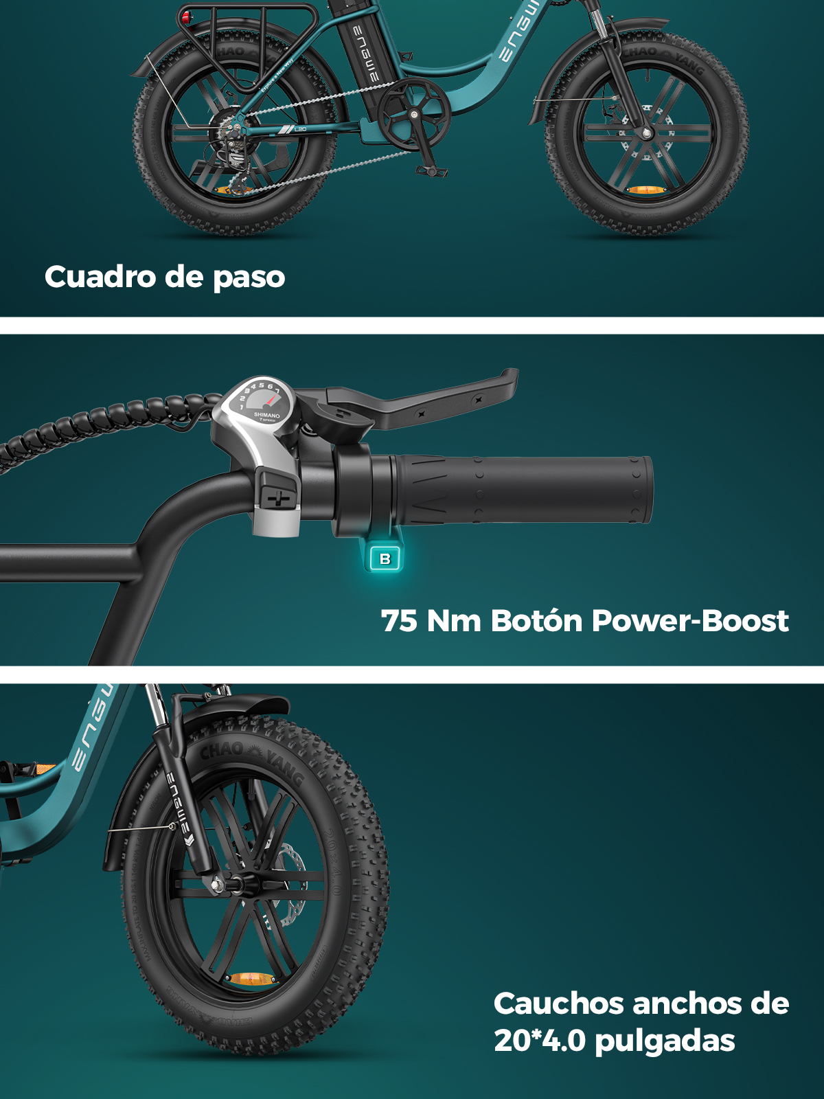 Una bicicleta eléctrica con cuadro turquesa, neumáticos negros y varios componentes. El texto en el cuadro dice 'ENGWE'. Los neumáticos son anchos.
