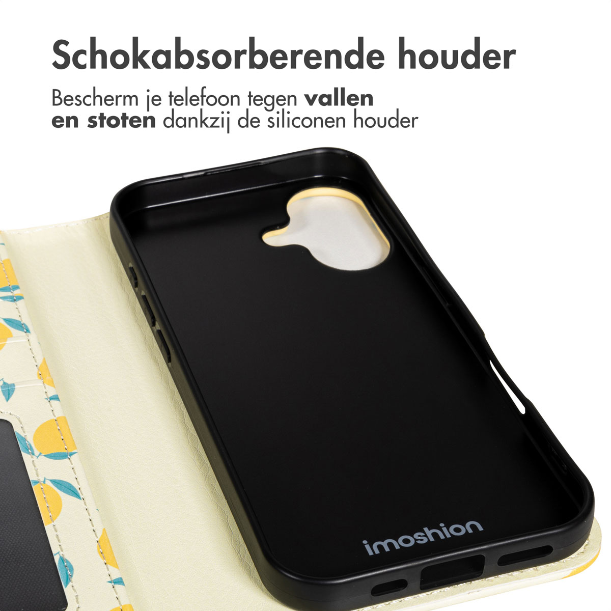 Schwarze Handyhülle mit weißem Innenraum. Zitronenmuster auf der linken Seite. Text oben: stoßdämpfender Halter. Imoshion-Logo sichtbar.