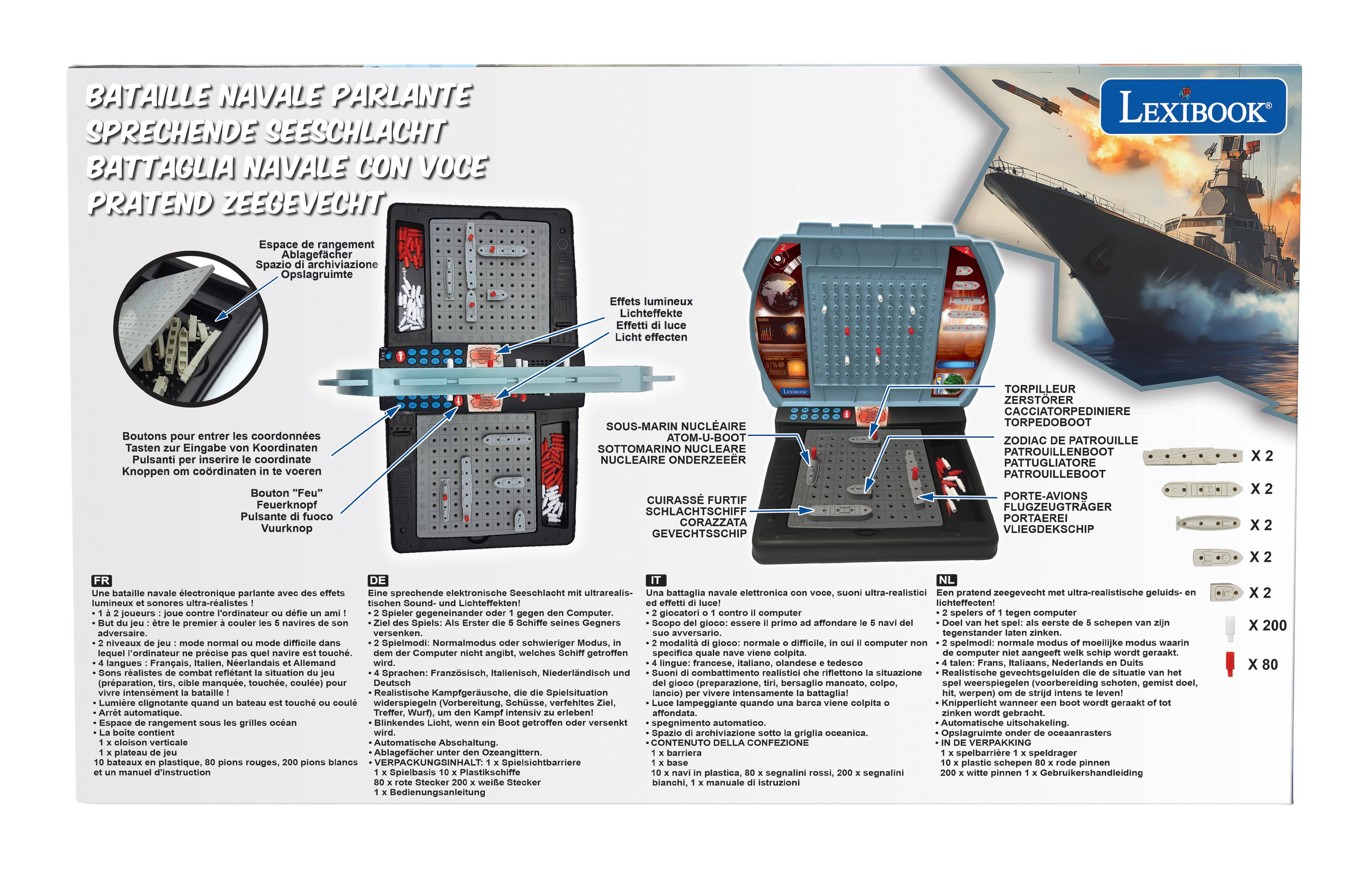 Pudełko gry planszowej z elementami gry, tekstem i diagramami, gra w statki.