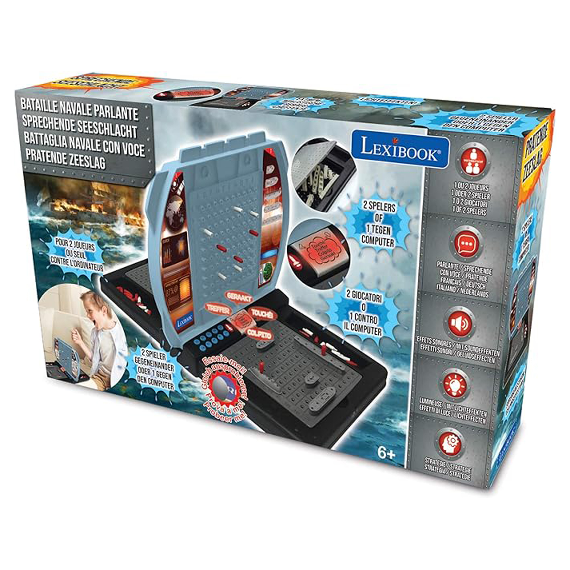 Pudełko gry Lexibook Battleship. Zawiera planszę, statki i bawiące się dziecko. Wiele języków na pudełku.