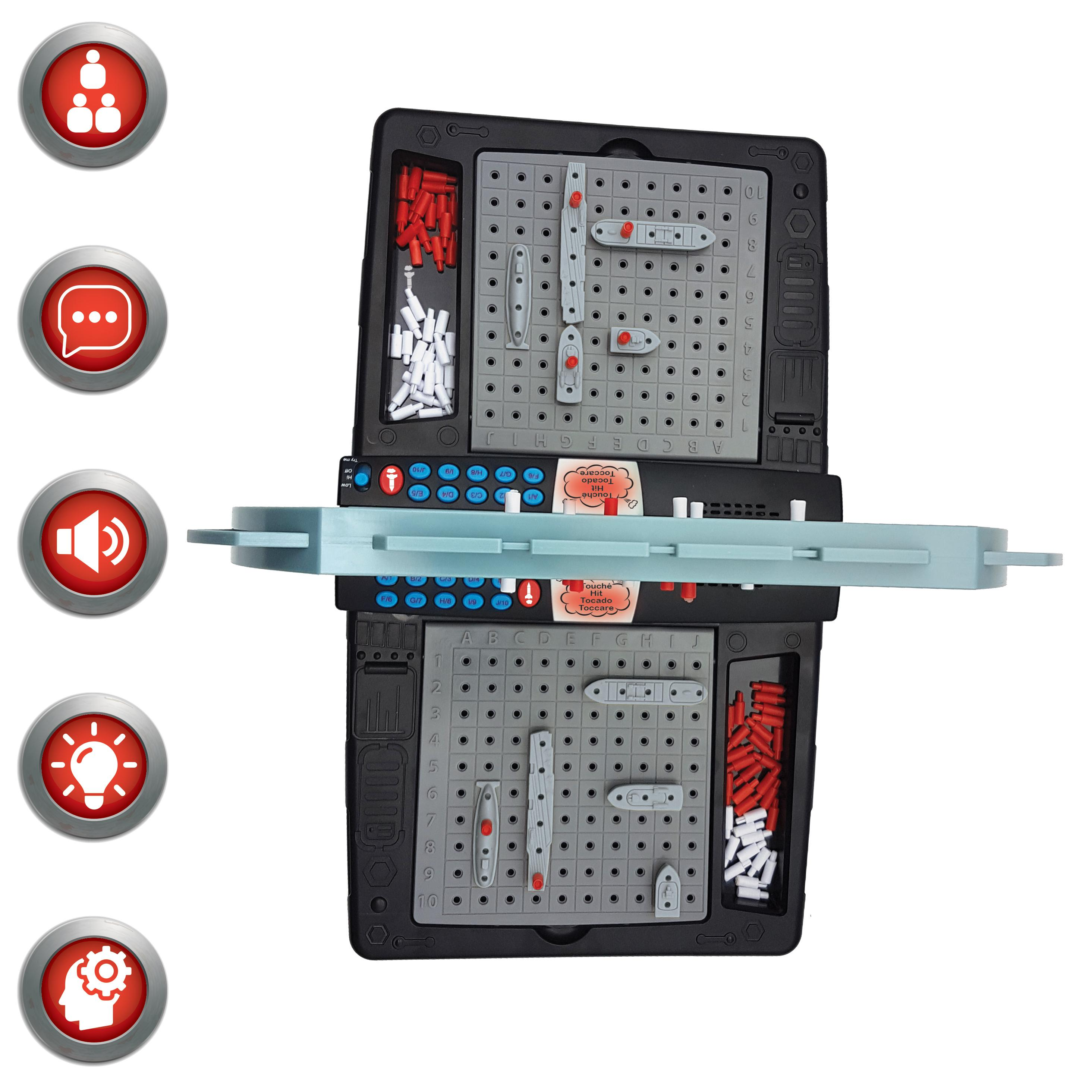 Gra w bitwę morską. Dwie plansze, statki i kołki. Jasnoniebieski separator z przyciskami i instrukcjami.
