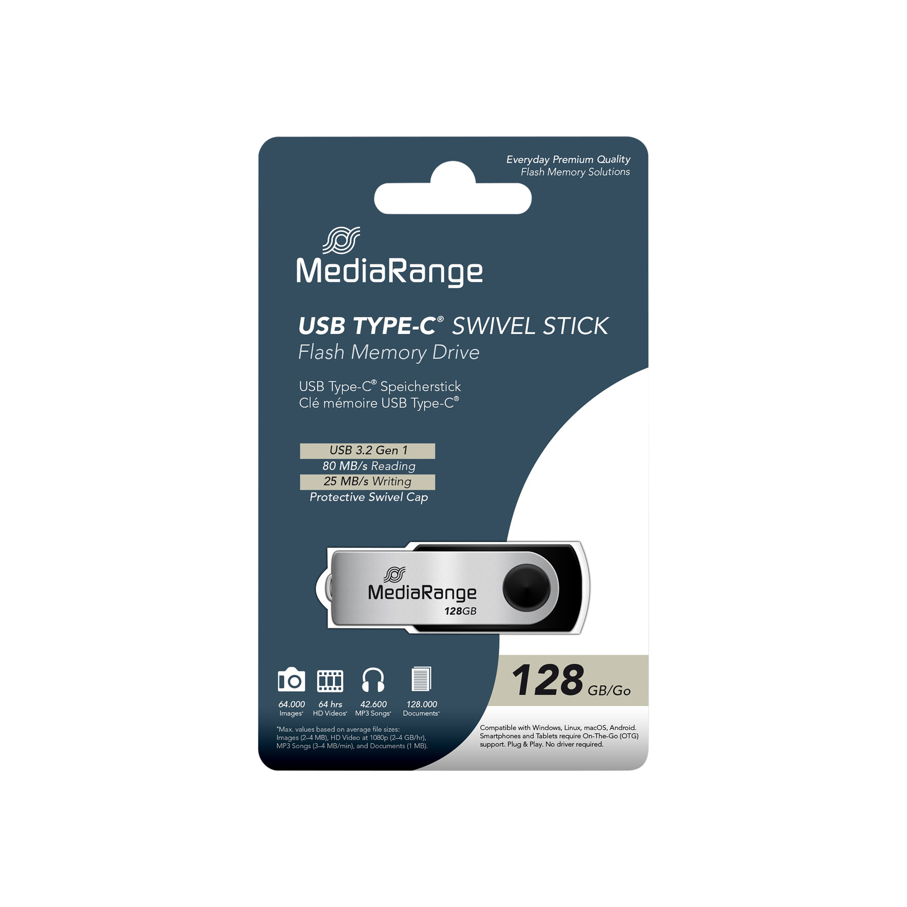 Pamięć flash USB Type-C swivel stick firmy MediaRange. Jest srebrna i czarna o pojemności 128 GB i znajduje się w ciemnoniebieskim opakowaniu.