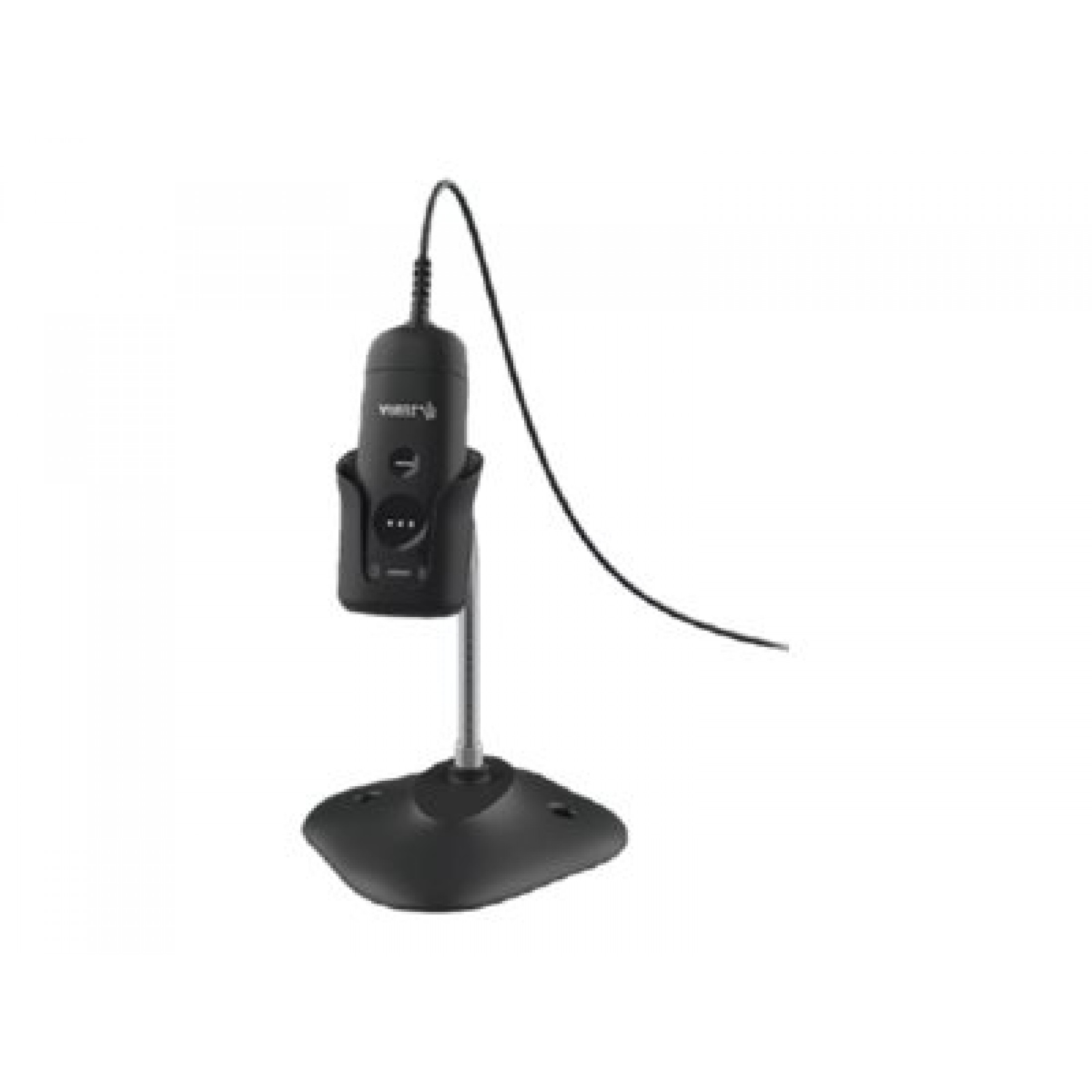 Uno scanner di codici a barre nero su un supporto, con un cavo. Lo scanner è su una base nera.