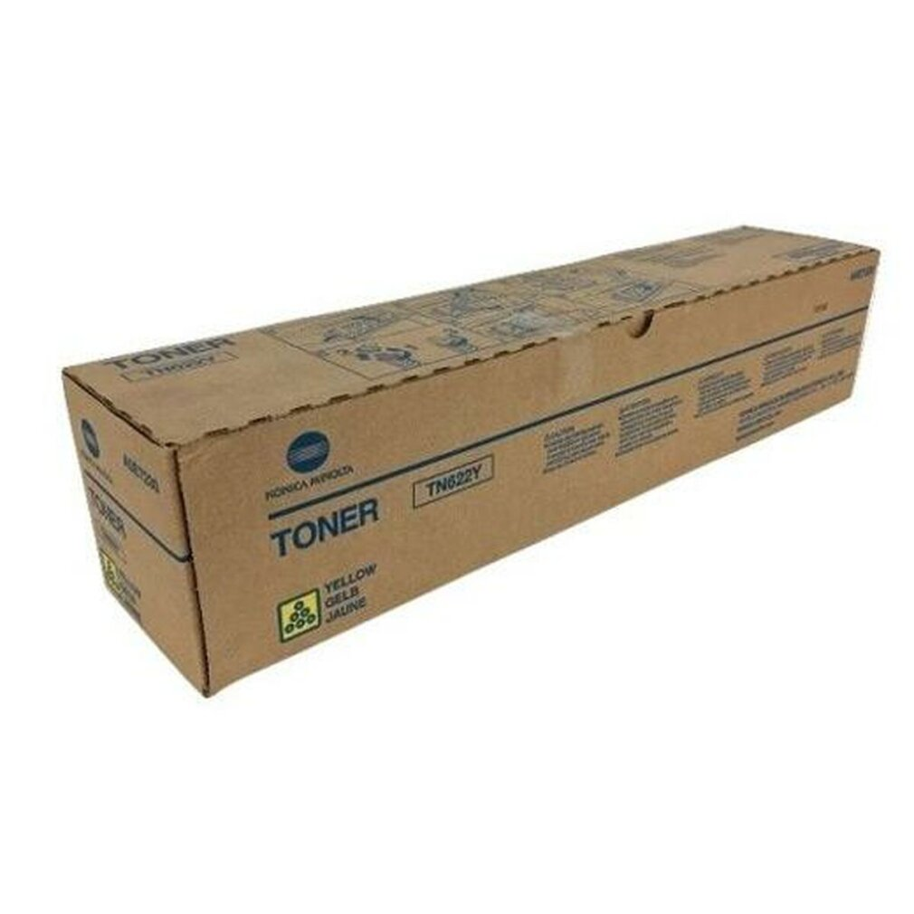 Una scatola di cartone marrone di toner Konica Minolta. La scatola è rettangolare e ha testo e loghi.