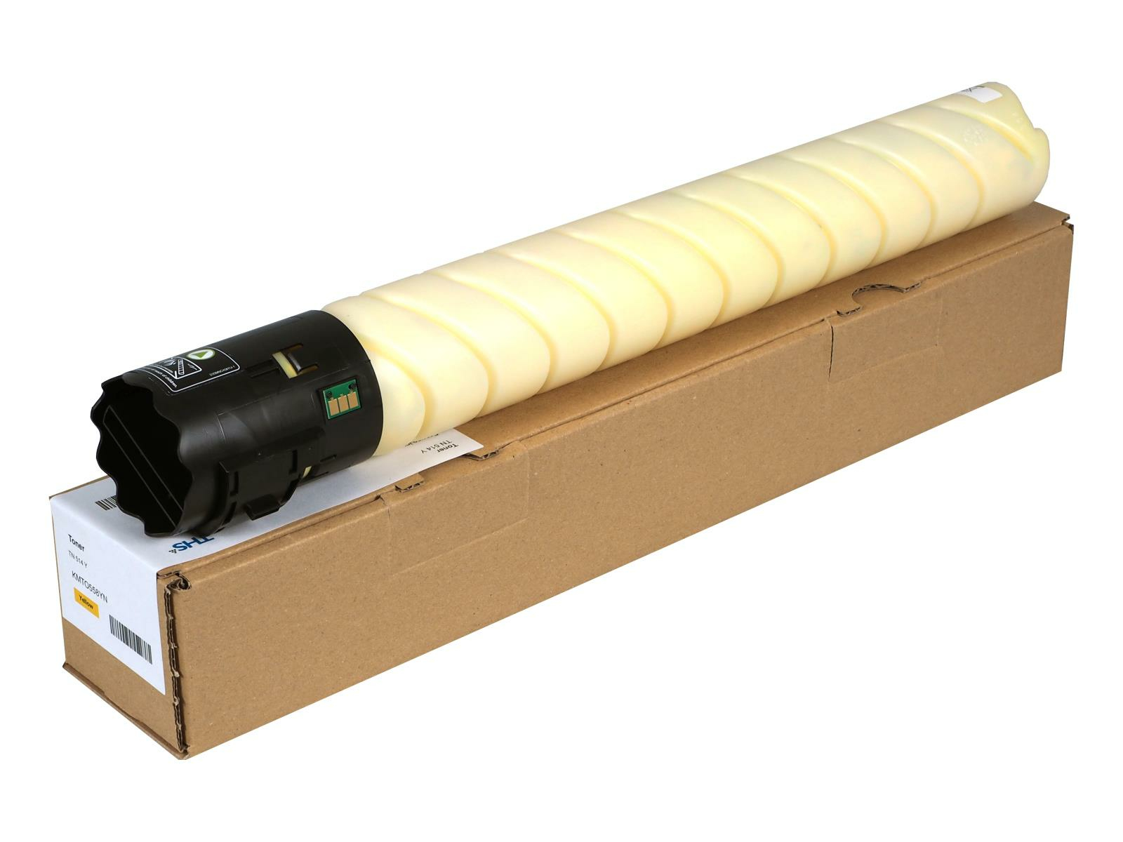 Una nuova cartuccia toner nella sua scatola. La cartuccia è giallo chiaro, cilindrica. La scatola è marrone, con etichetta 'Toner'.