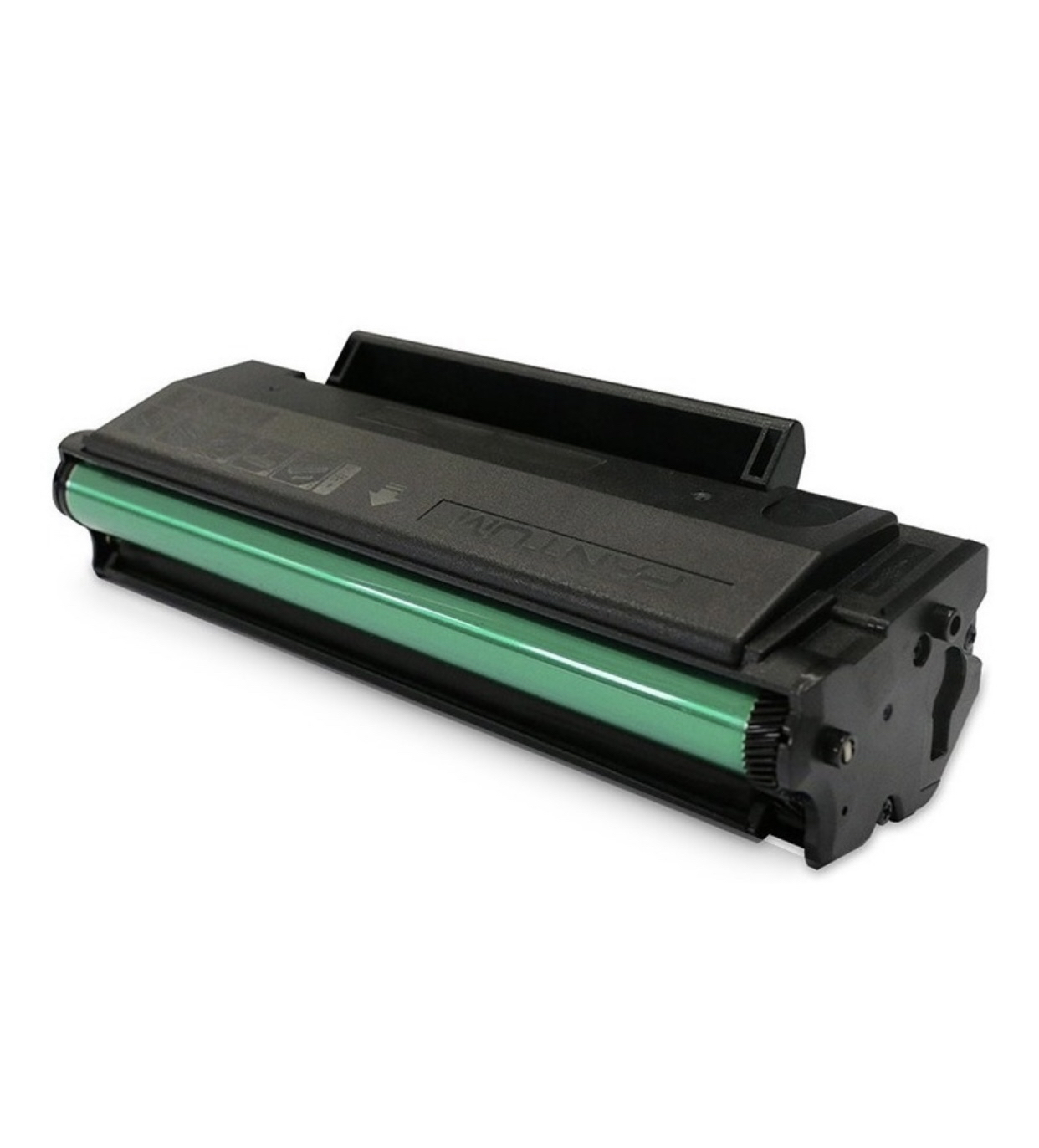 Una cartuccia toner nera con un cilindro verde. È angolata e posta su sfondo bianco.