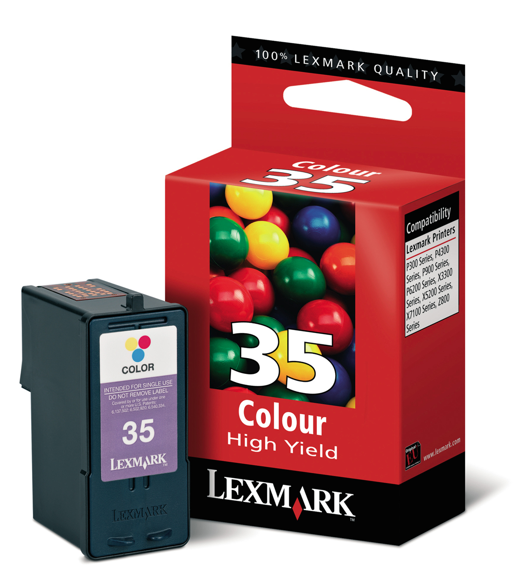 Bir Lexmark renkli mürekkep kartuşu ve kutusu. Kutu, renkli sakız toplarının resmiyle kırmızıdır. Kartuş siyahtır.