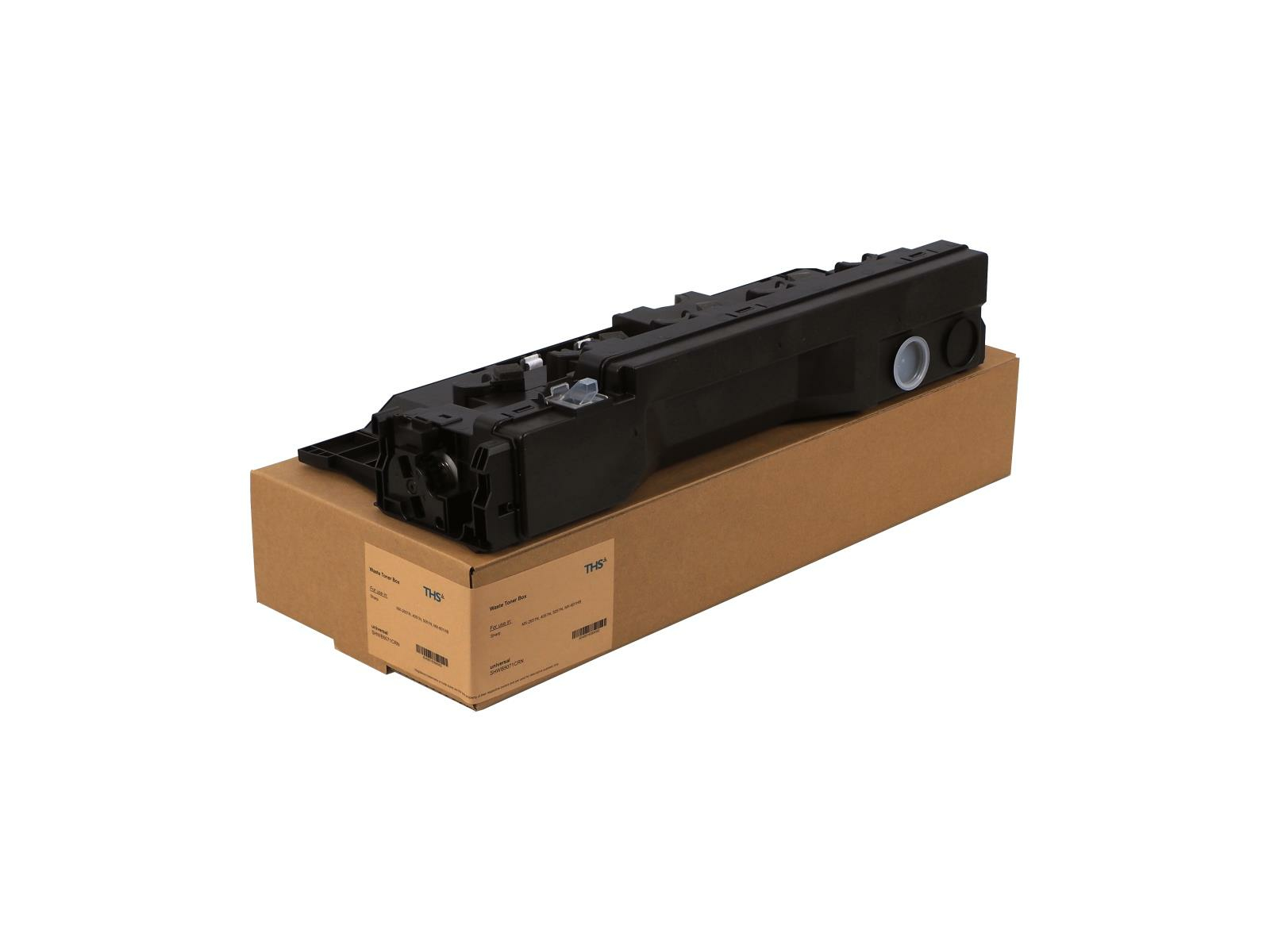 Una cartuccia toner nera per stampante è su una scatola di cartone marrone. La scatola ha etichette e testo.
