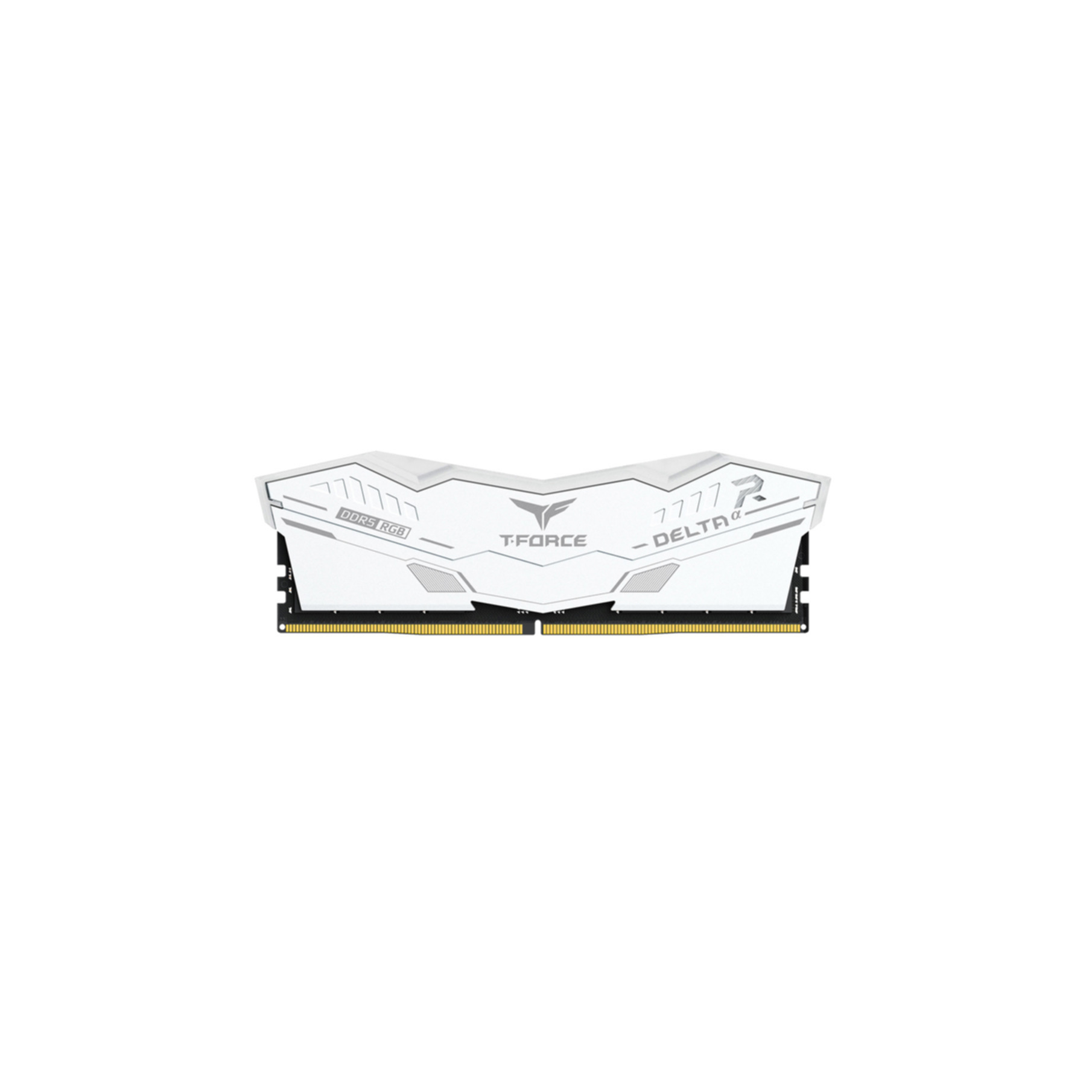 White T-Force Delta RGB DDR5 RAM stick on a white background. Features the Delta Alpha logo and gold connectors.