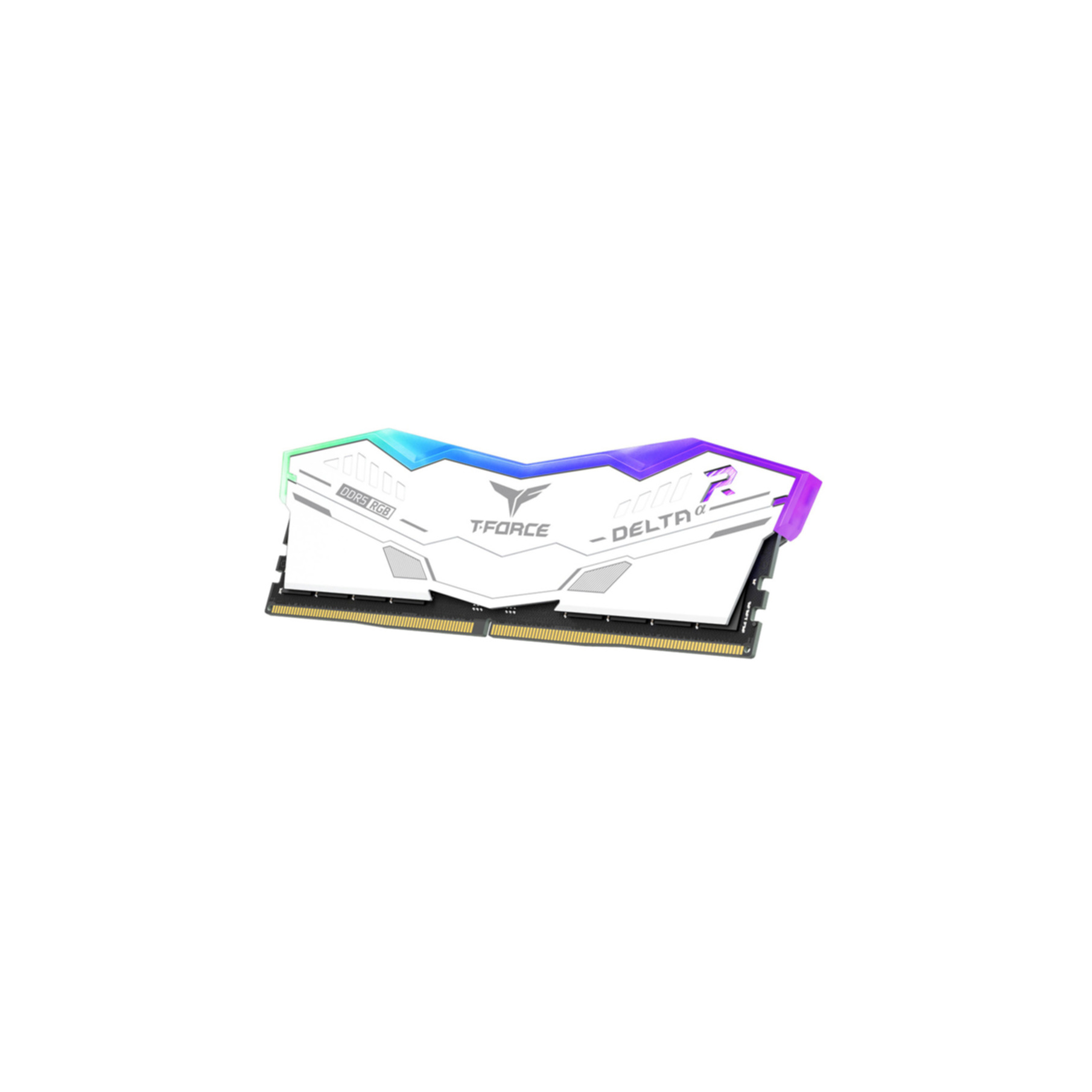 White DDR5 RGB RAM stick. Has T-FORCE - DELTA α logo and colorful light elements on top.