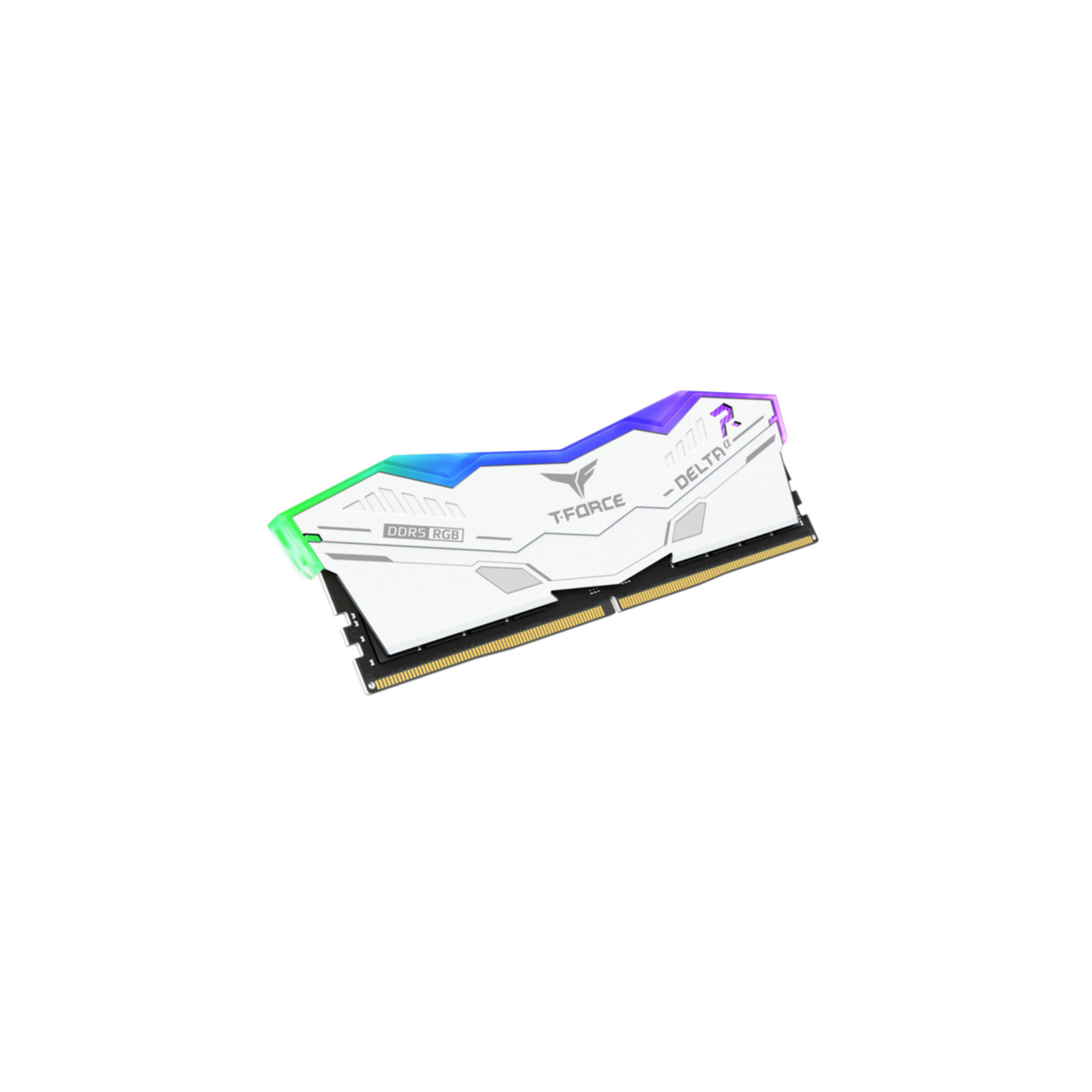 A white DDR5 RGB memory module with colorful light, T-FORCE and DELTA branding, on a white background.